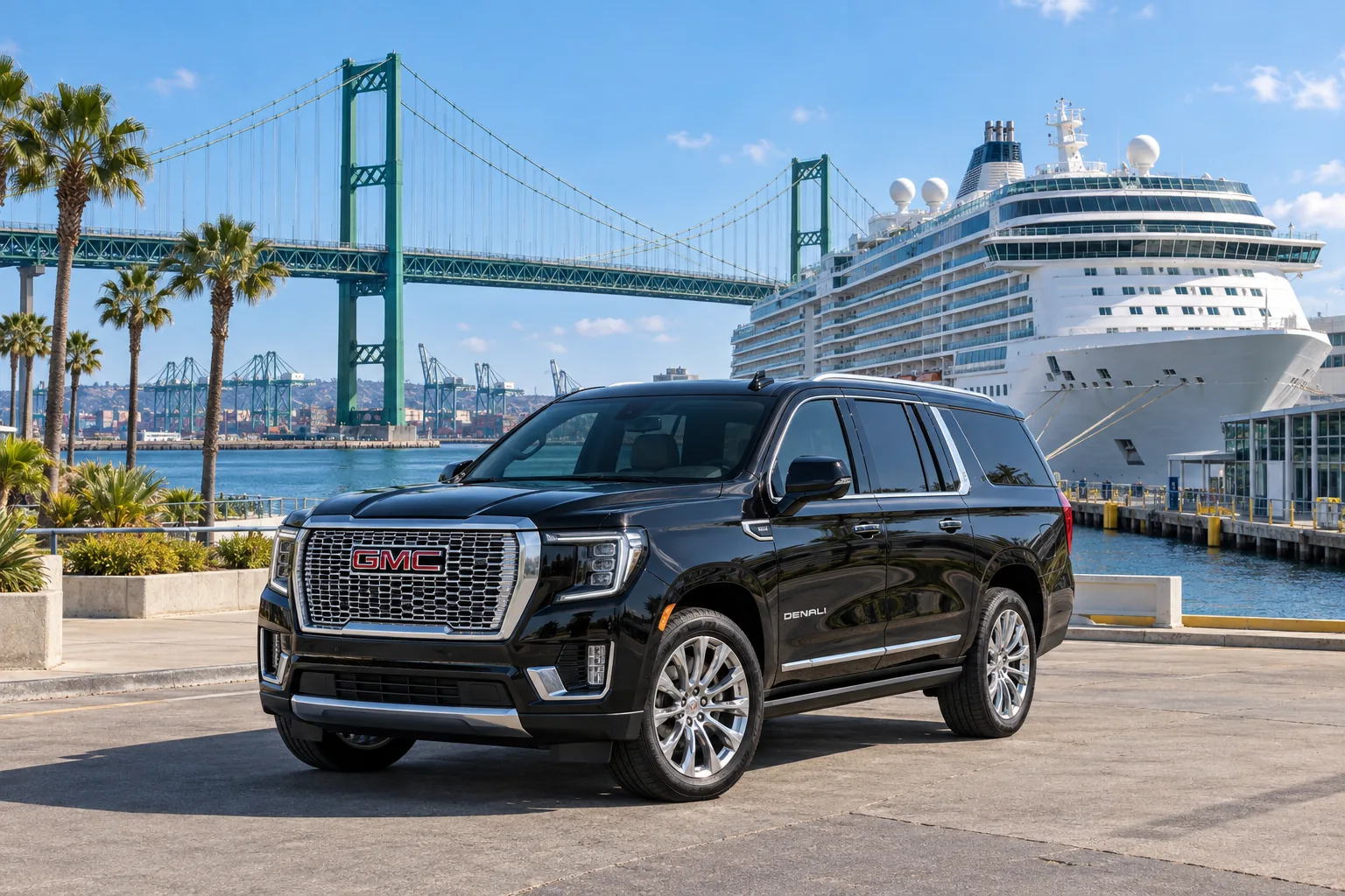 Illustration of a black GMC Yukon Denali at San Pedro World Cruise Center with a cruise ship and Vincent Thomas Bridge