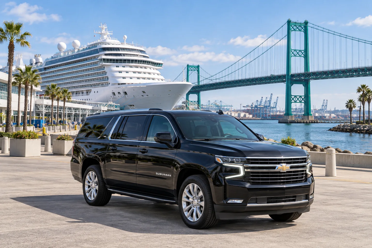 Illustration of a black Chevrolet Suburban beside a cruise ship and the green Vincent Thomas Bridge in San Pedro