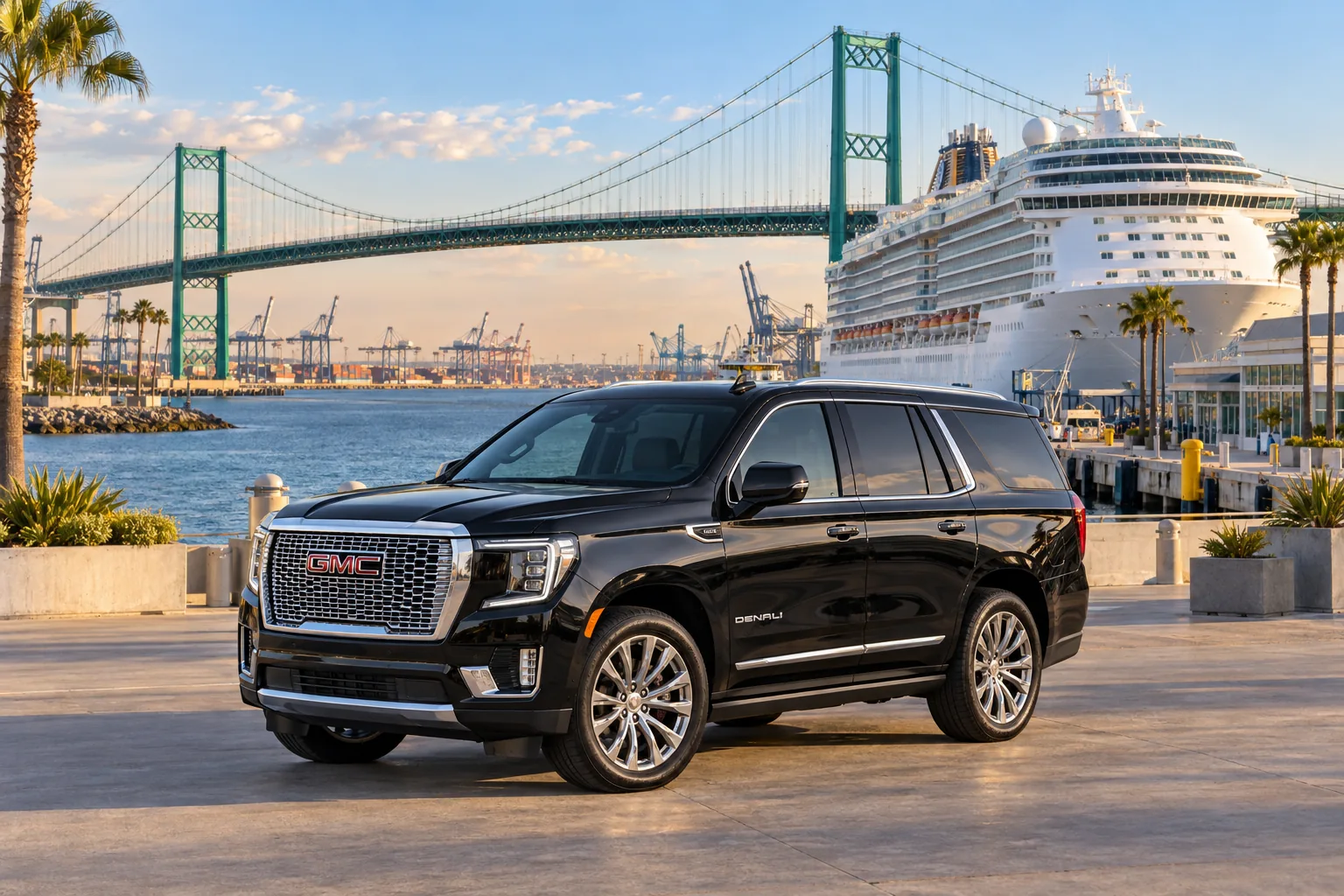 Illustration of a GMC Yukon Denali at San Pedro cruise port with Vincent Thomas Bridge and a docked cruise ship in warm afternoon light