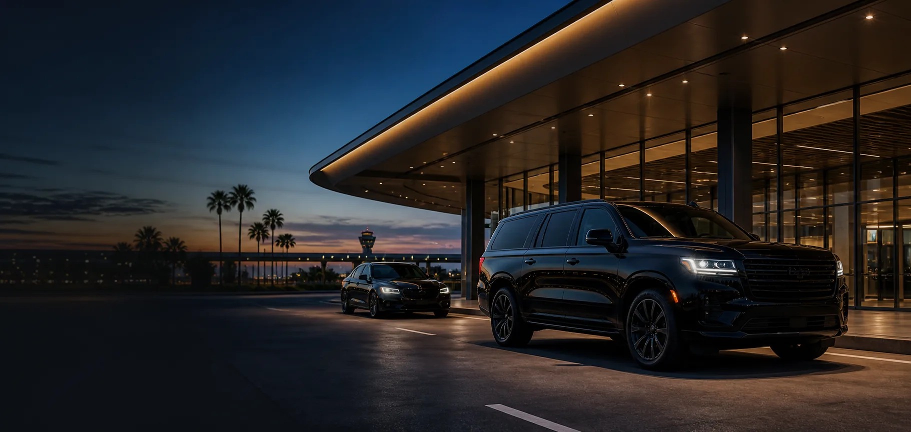 Black executive SUV waiting at a modern Southern California airport terminal at dusk