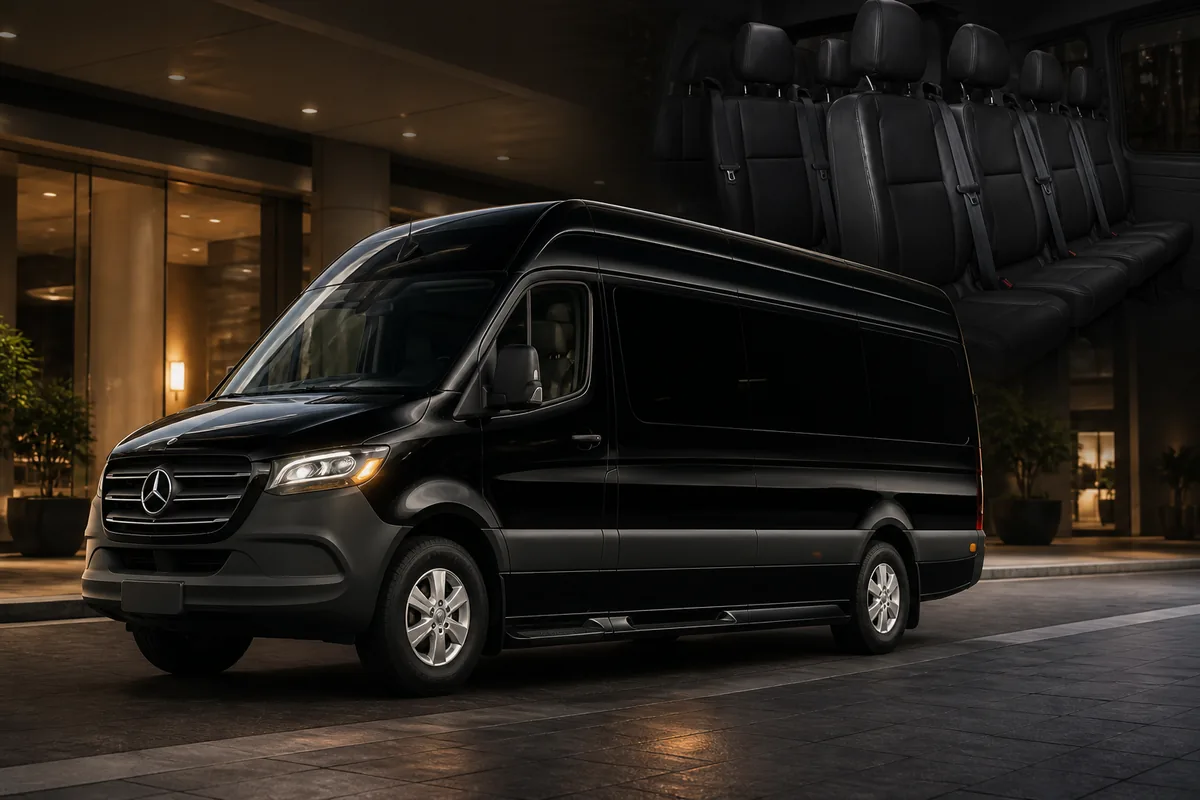 Black Mercedes-Benz Sprinter passenger van