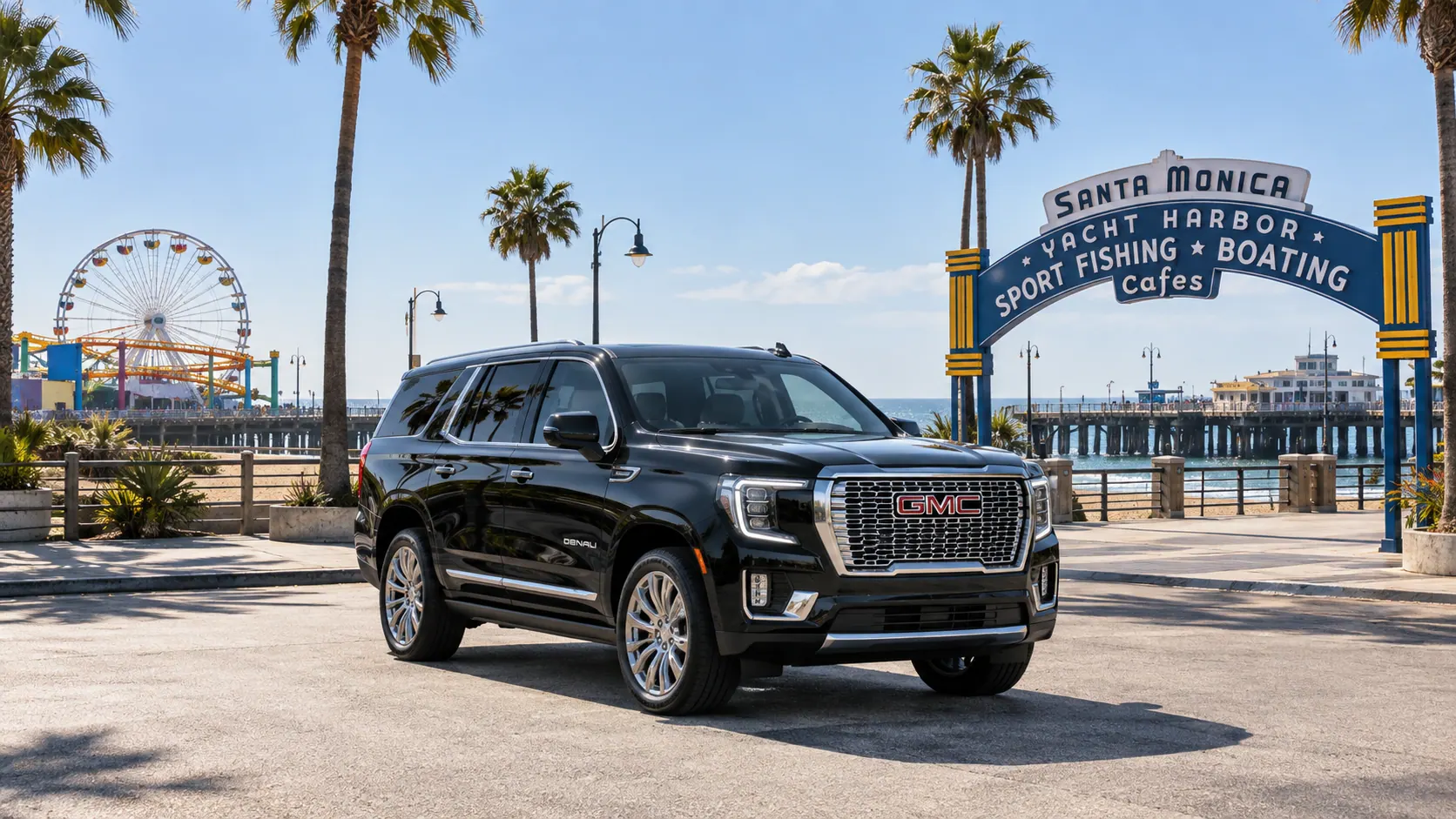Destination illustration: black GMC Yukon Denali at Santa Monica Pier for a Disneyland transfer
