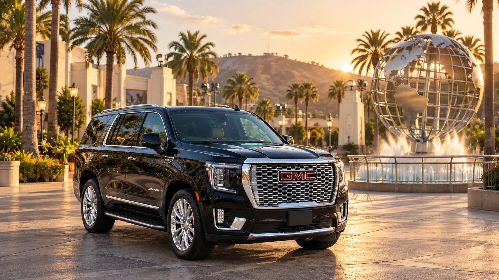 Destination illustration: Black GMC Yukon Denali for a private Disneyland to Universal Studios family transfer