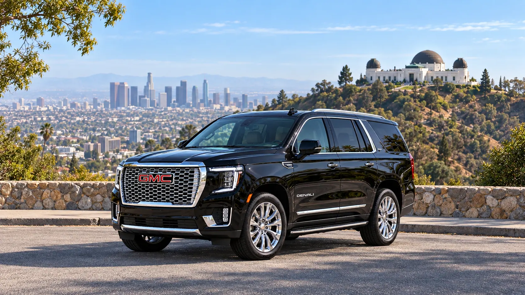 Destination illustration: Black GMC Yukon Denali overlooking Griffith Observatory and the Los Angeles skyline