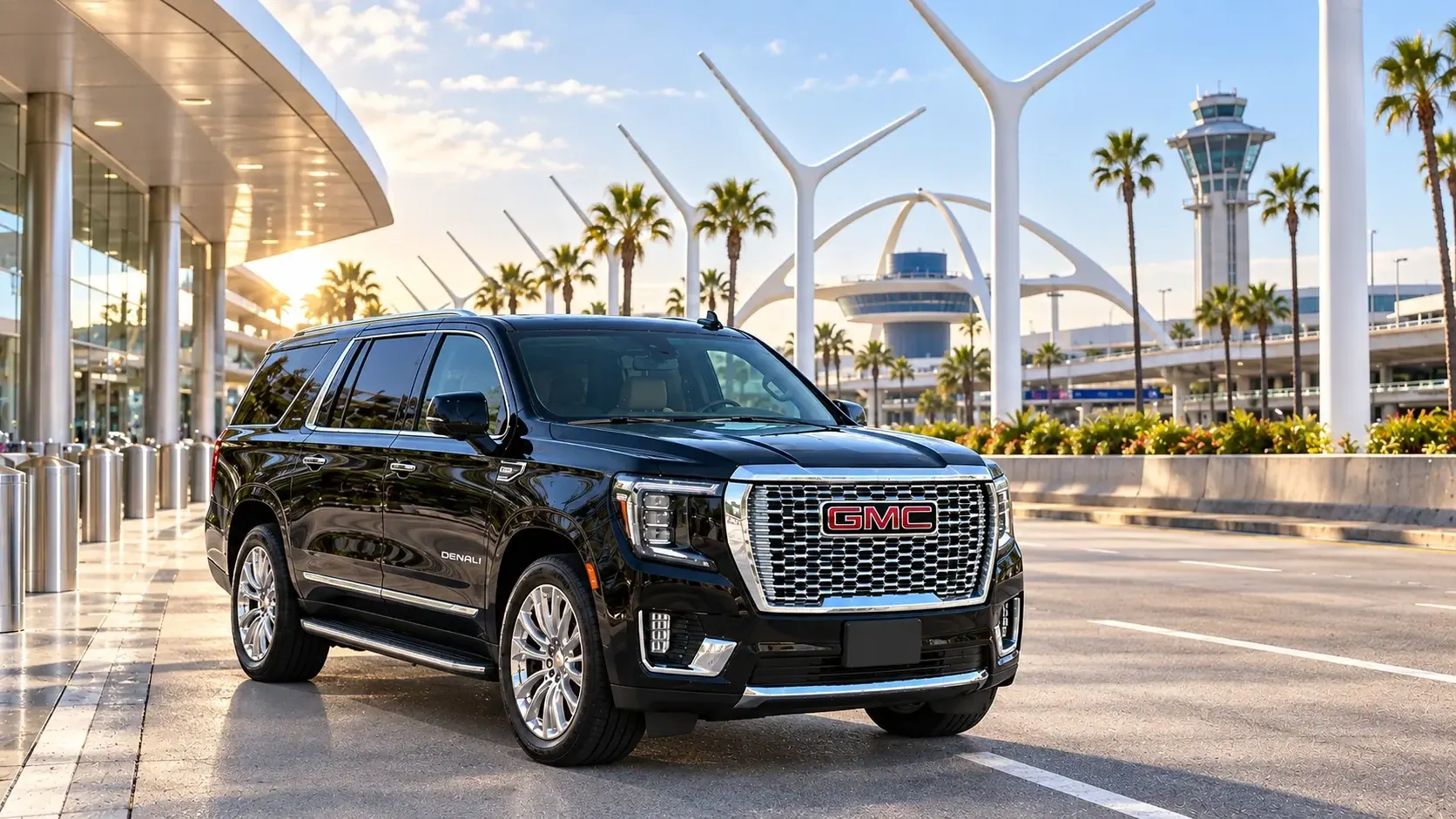 Destination illustration: black GMC Yukon Denali at the LAX Theme Building in daylight