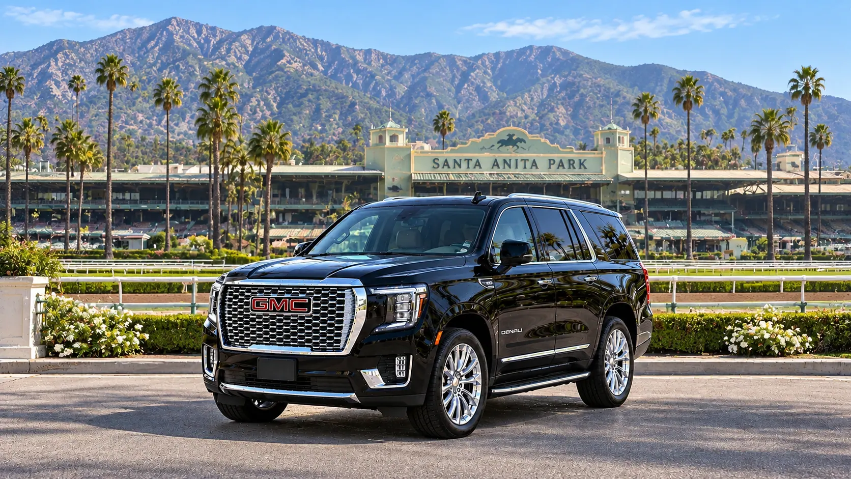 Illustration of a black SUV in a Arcadia destination scene