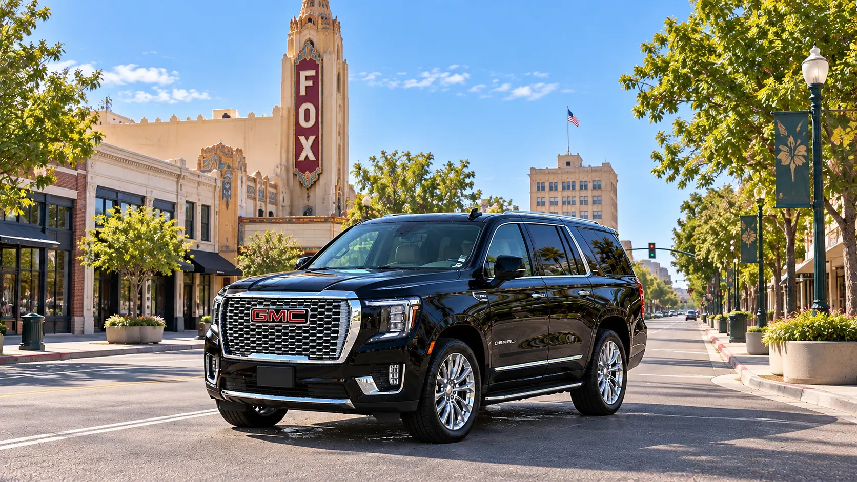 Illustration of a black SUV in a Bakersfield destination scene