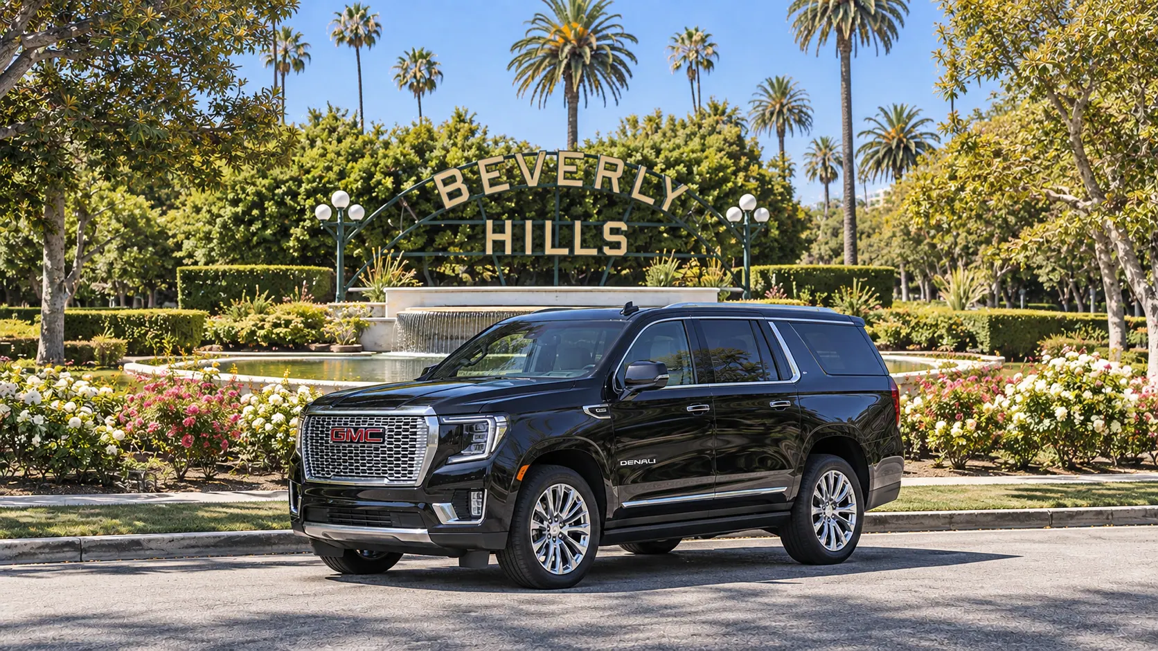 Illustration of a black SUV in a Beverly Hills destination scene
