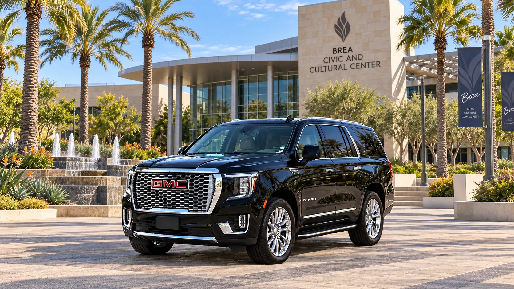 Illustration of a black SUV in a Brea destination scene