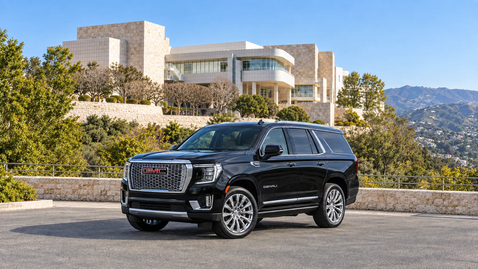 Illustration of a black SUV in a Brentwood destination scene