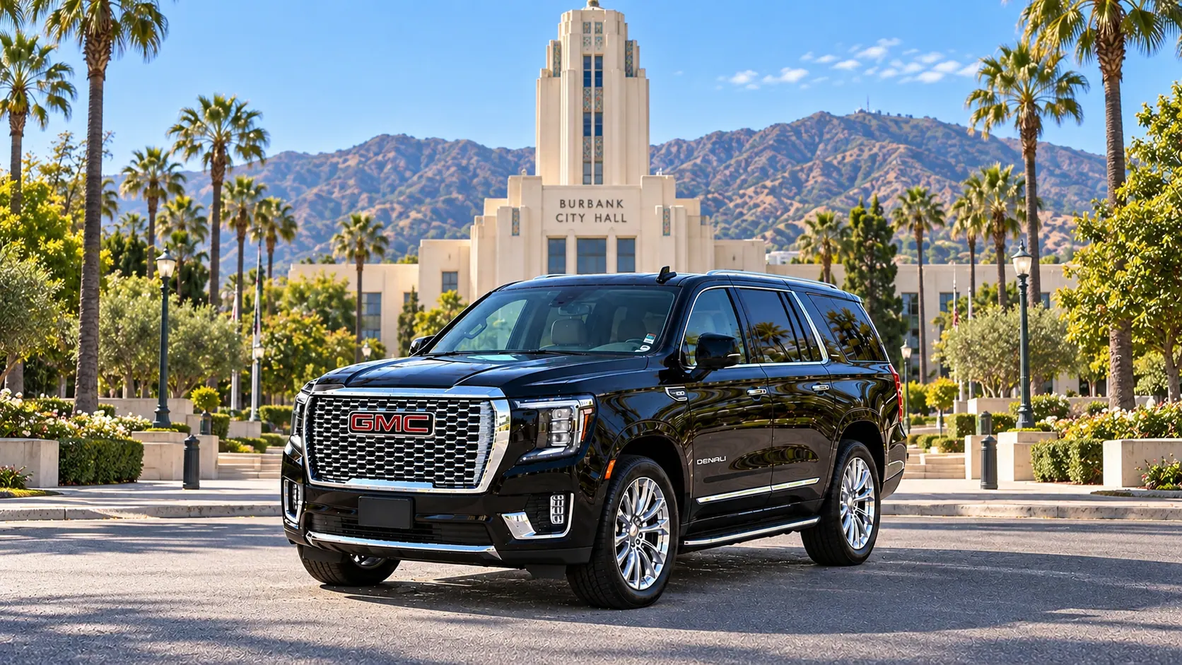 Illustration of a black SUV in a Burbank destination scene