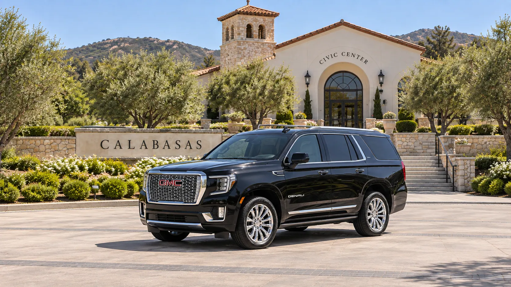 Illustration of a black SUV in a Calabasas destination scene