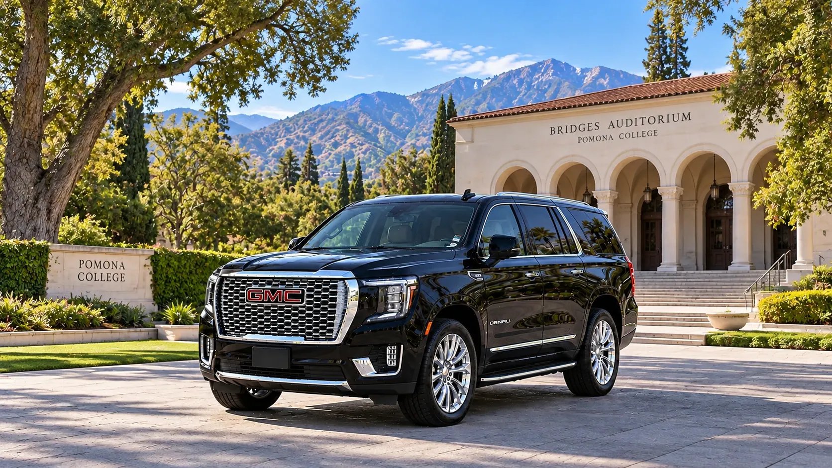 Illustration of a black SUV in a Claremont destination scene