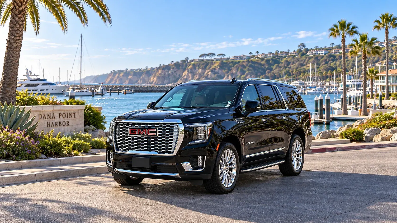 Illustration of a black SUV in a Dana Point destination scene
