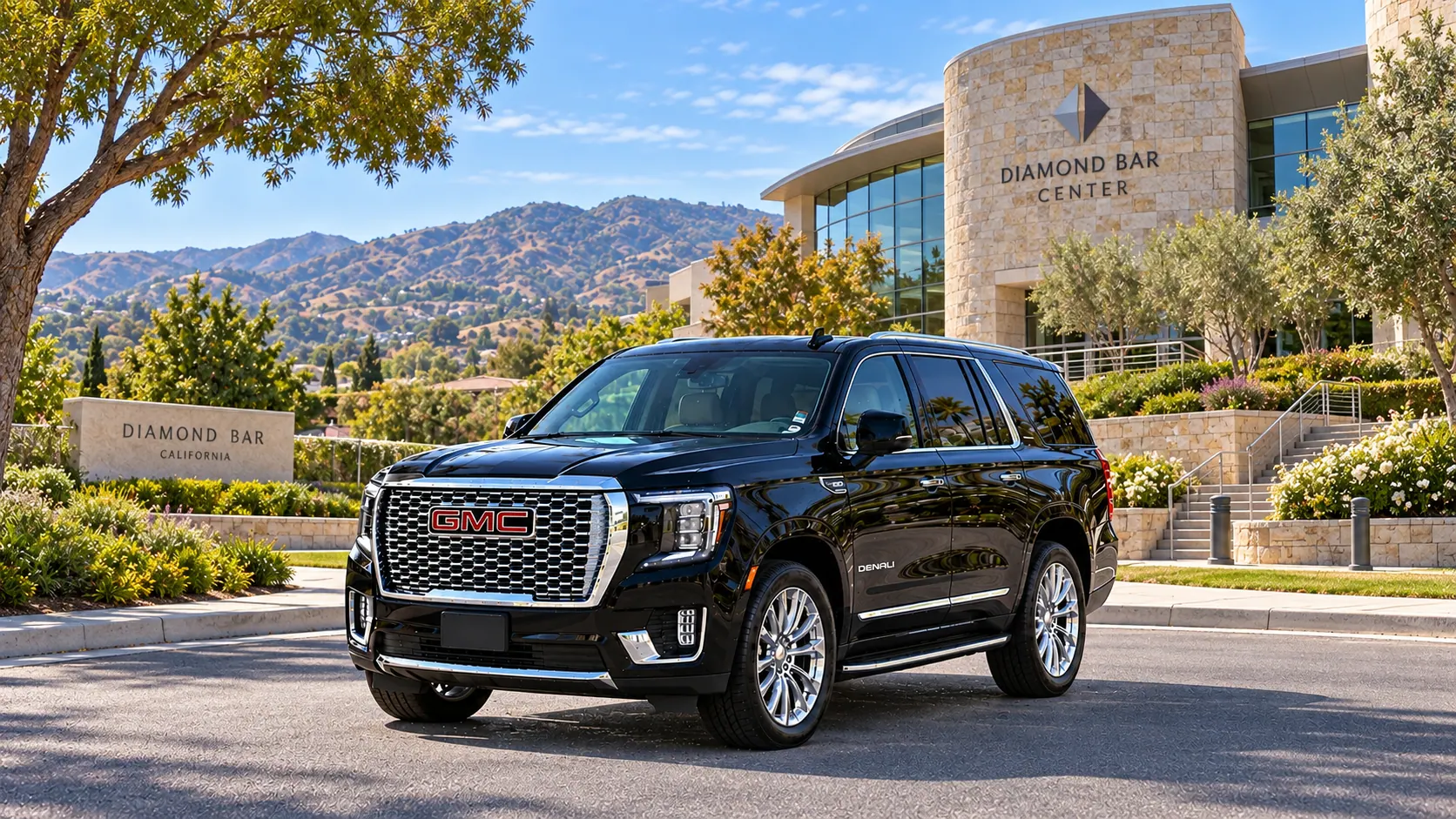Illustration of a black SUV in a Diamond Bar destination scene