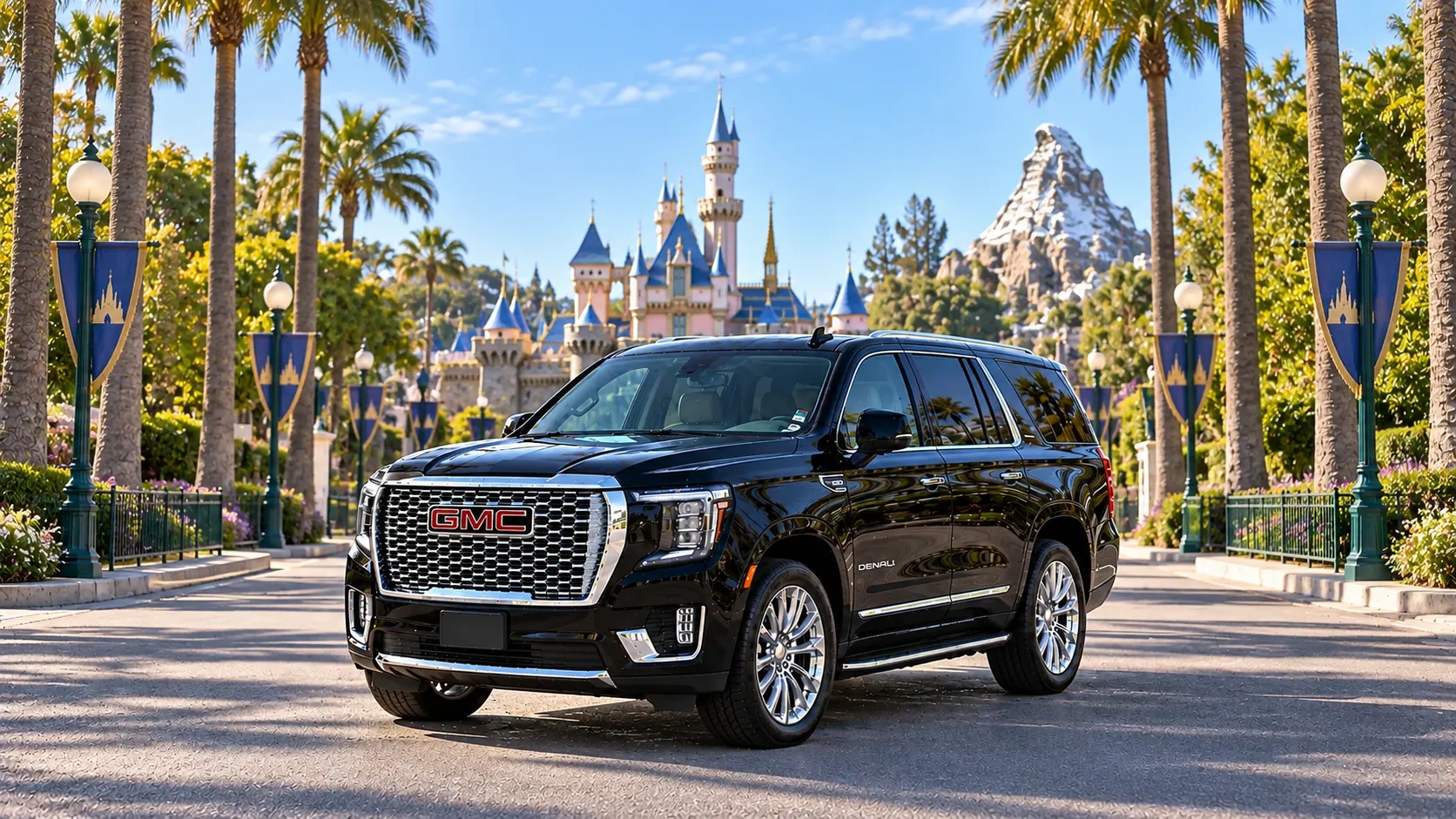 Illustration of a black SUV in a Disneyland destination scene