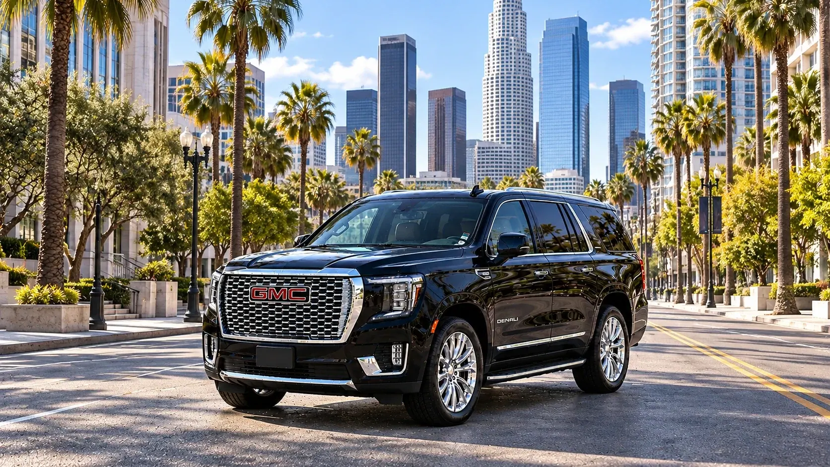 Illustration of a black SUV in a Downtown Los Angeles destination scene
