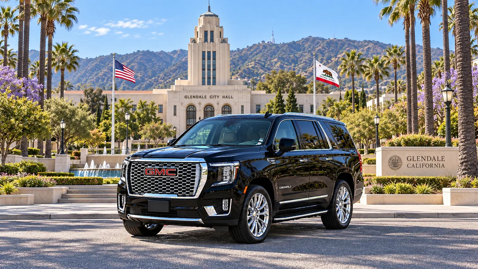 Illustration of a black SUV in a Glendale destination scene