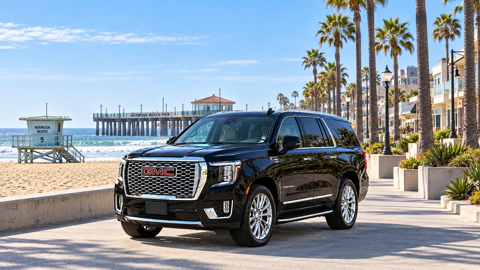 Illustration of a black SUV in a Hermosa Beach destination scene