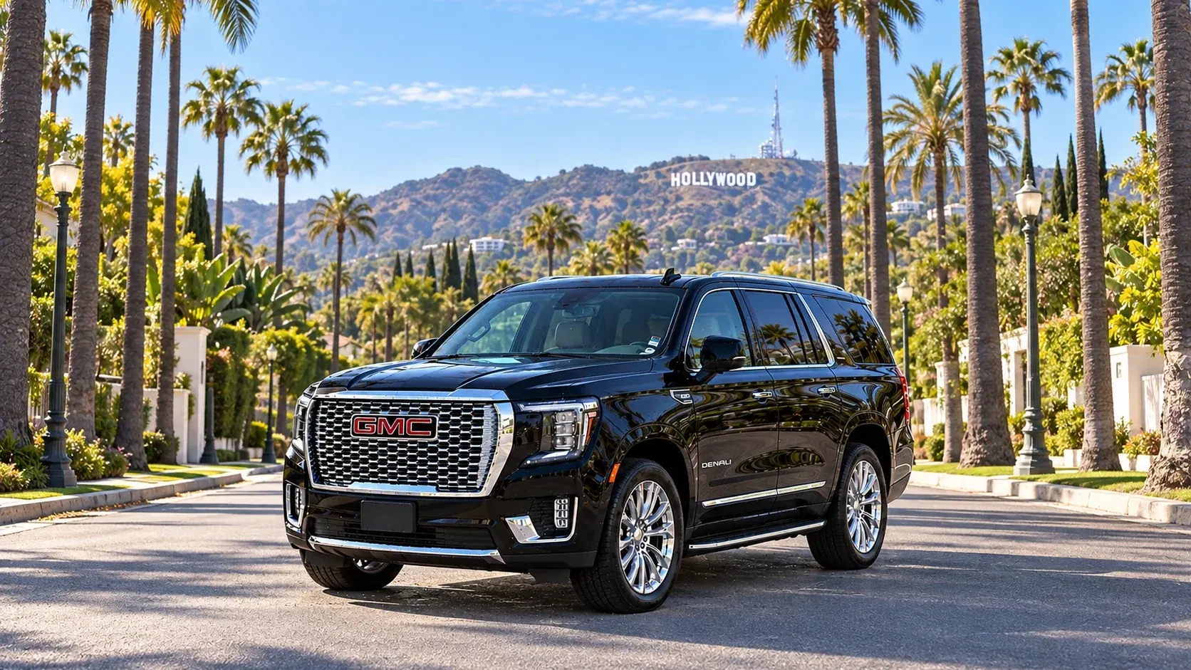 Illustration of a black SUV in a Hollywood destination scene