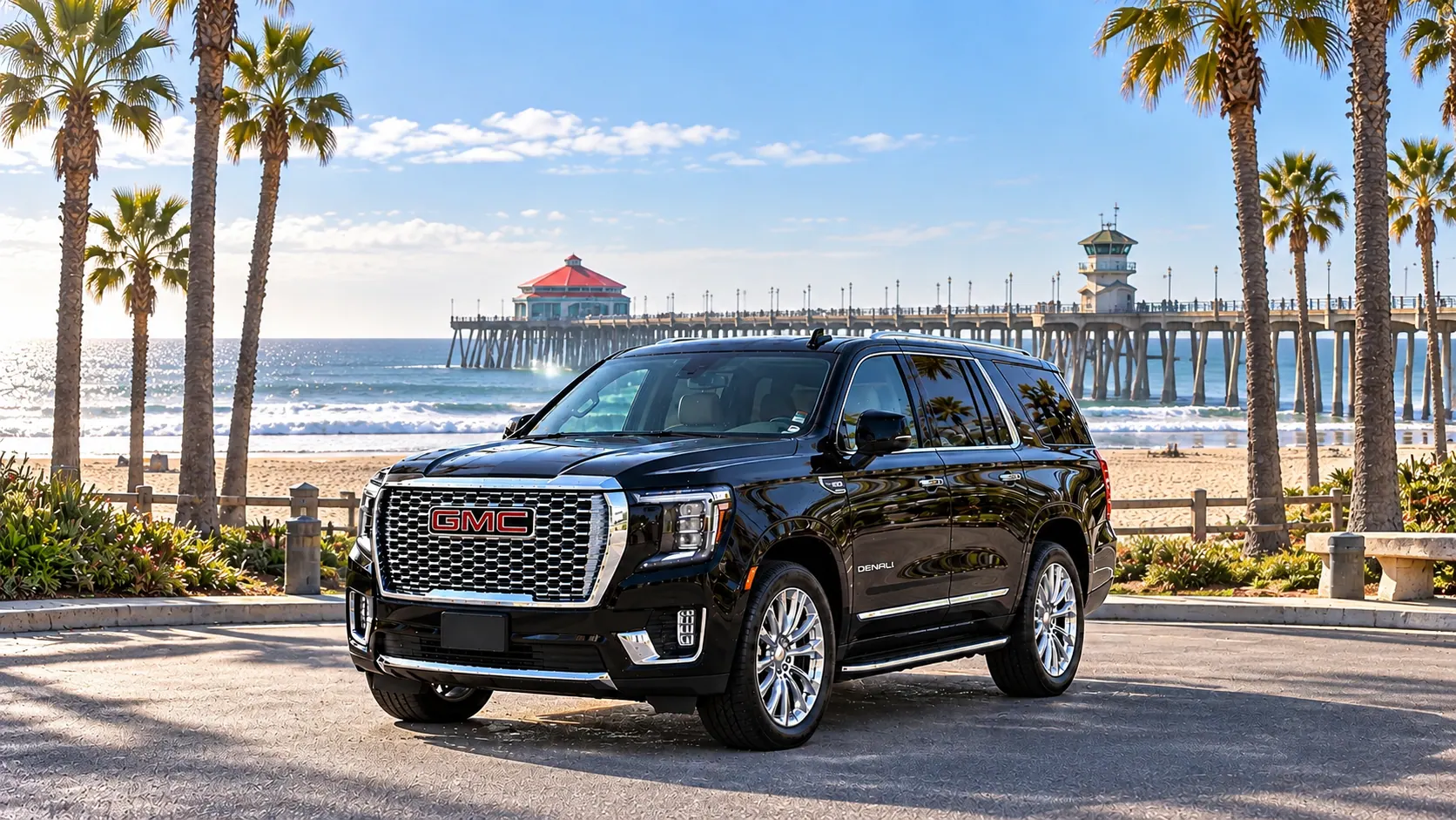 Illustration of a black SUV in a Huntington Beach destination scene