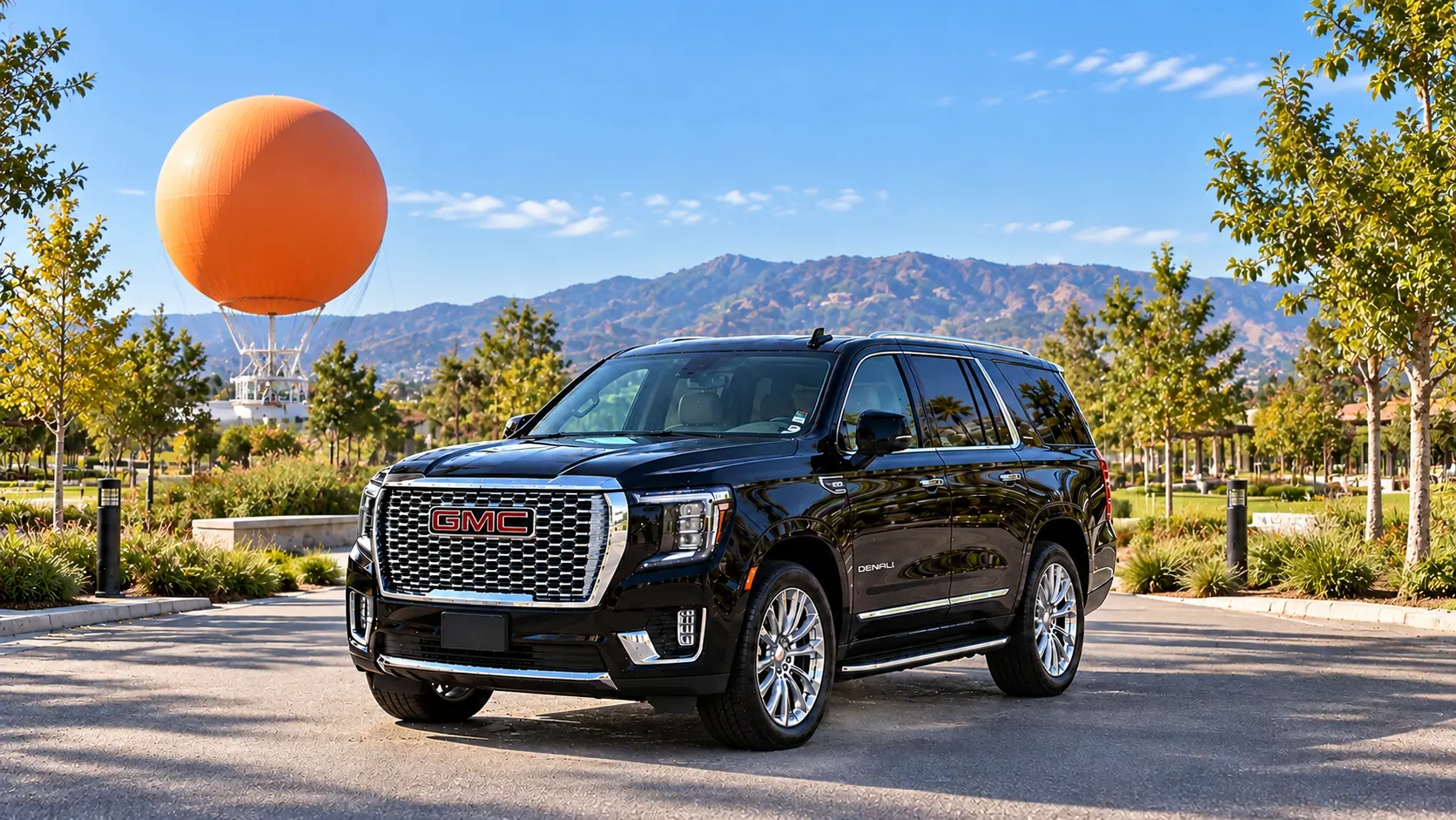 Illustration of a black SUV in a Irvine destination scene