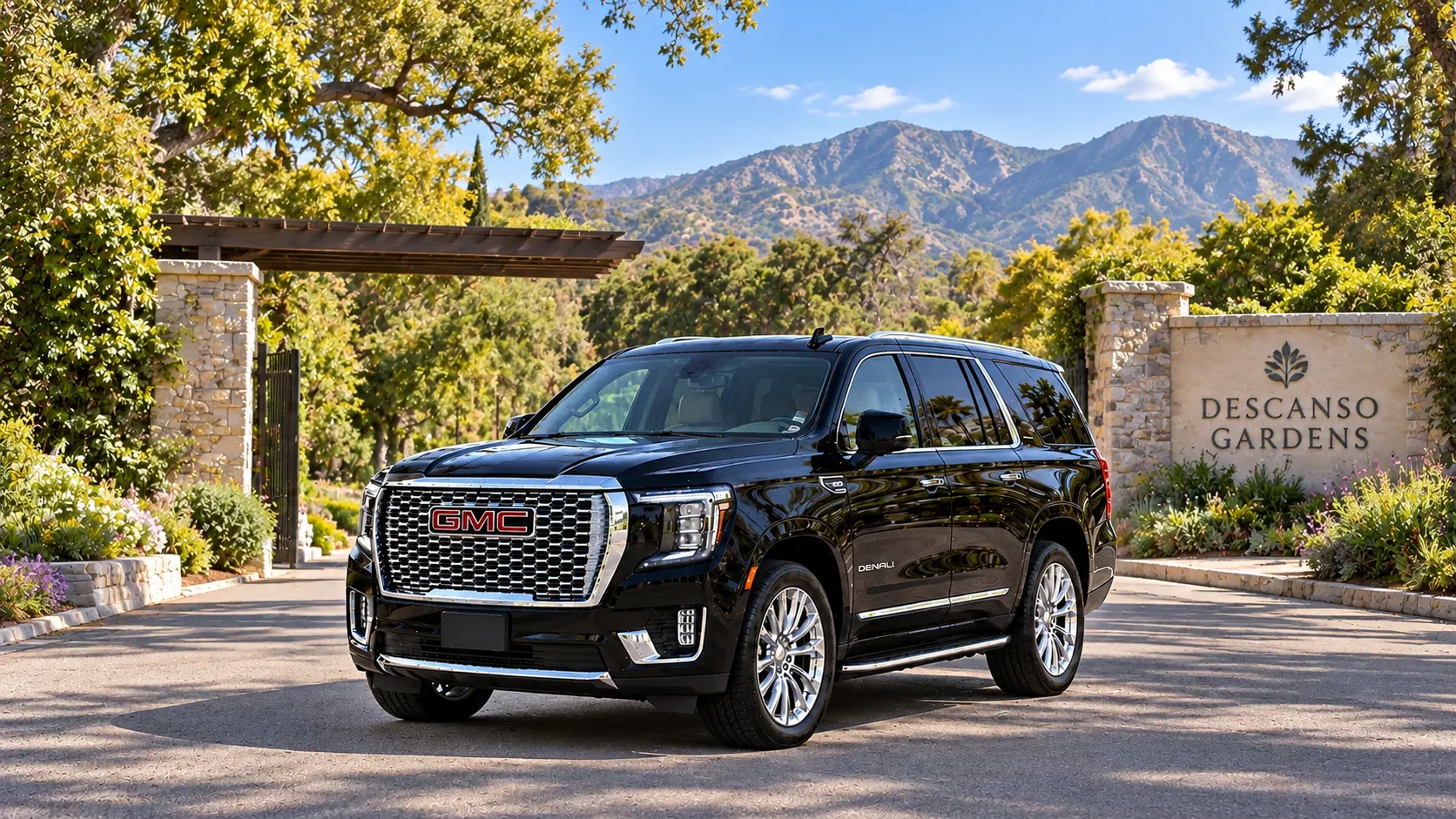 Illustration of a black SUV in a La Canada Flintridge destination scene