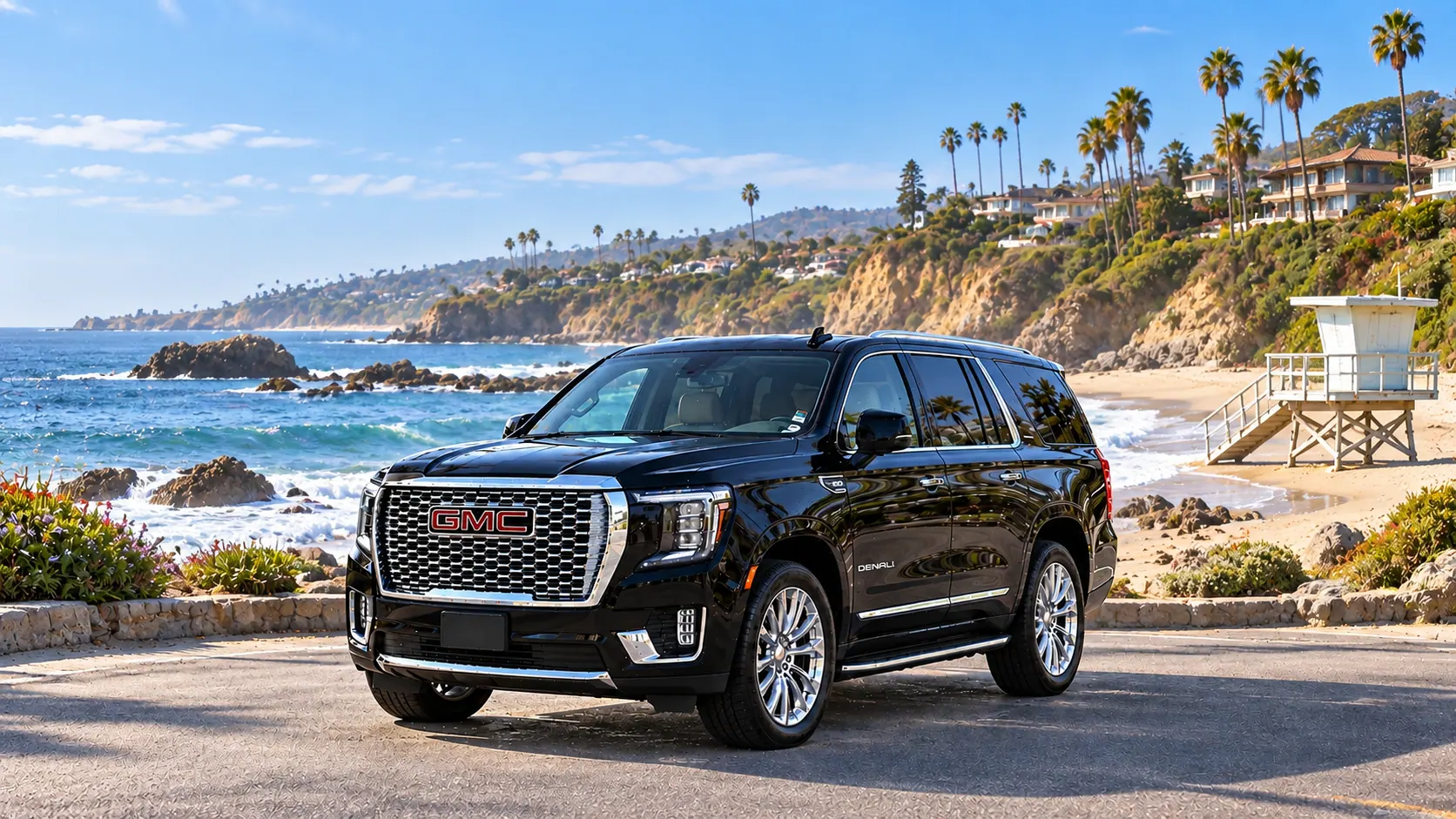Illustration of a black SUV in a Laguna Beach destination scene