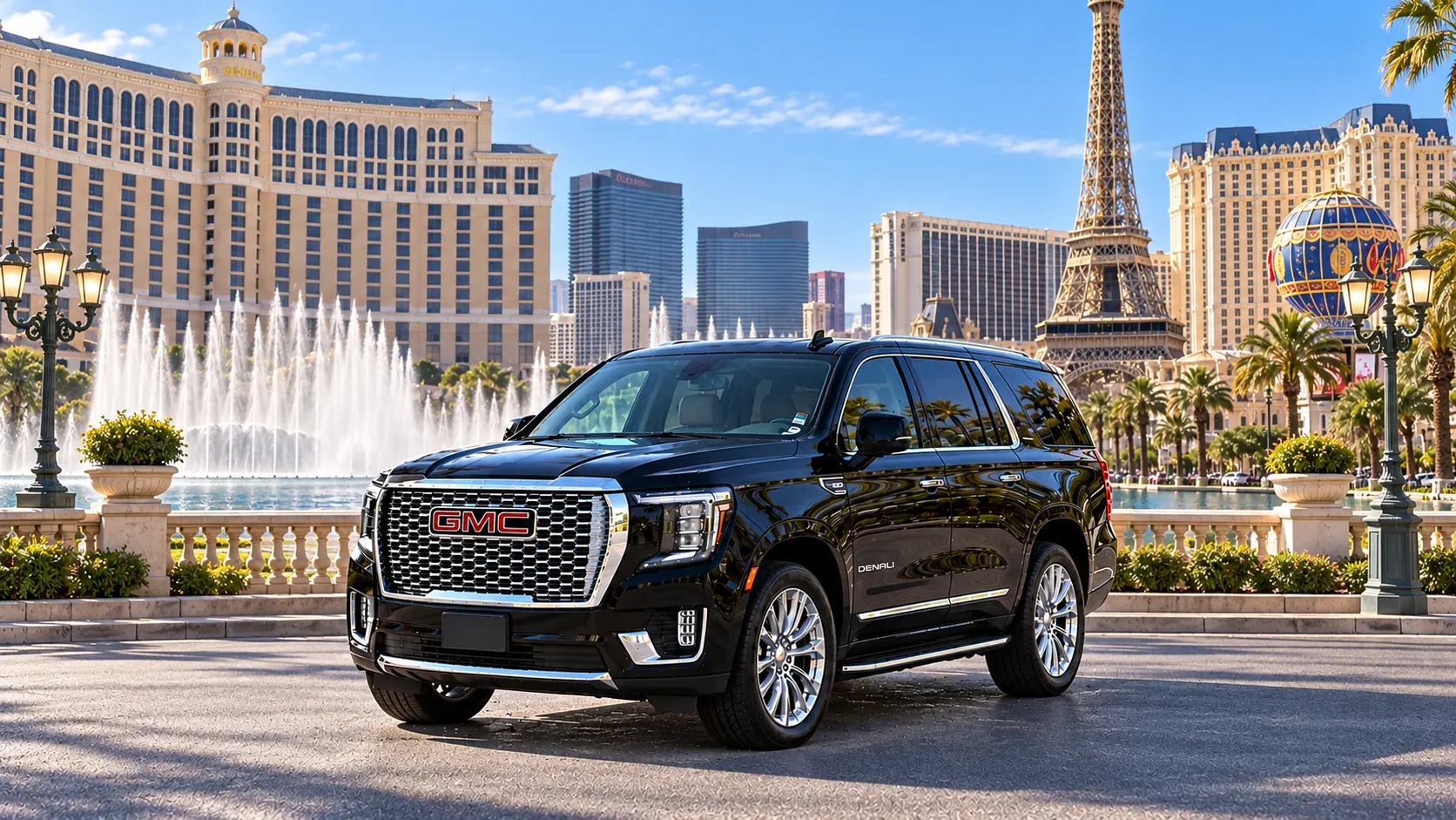 Illustration of a black SUV in a Las Vegas destination scene