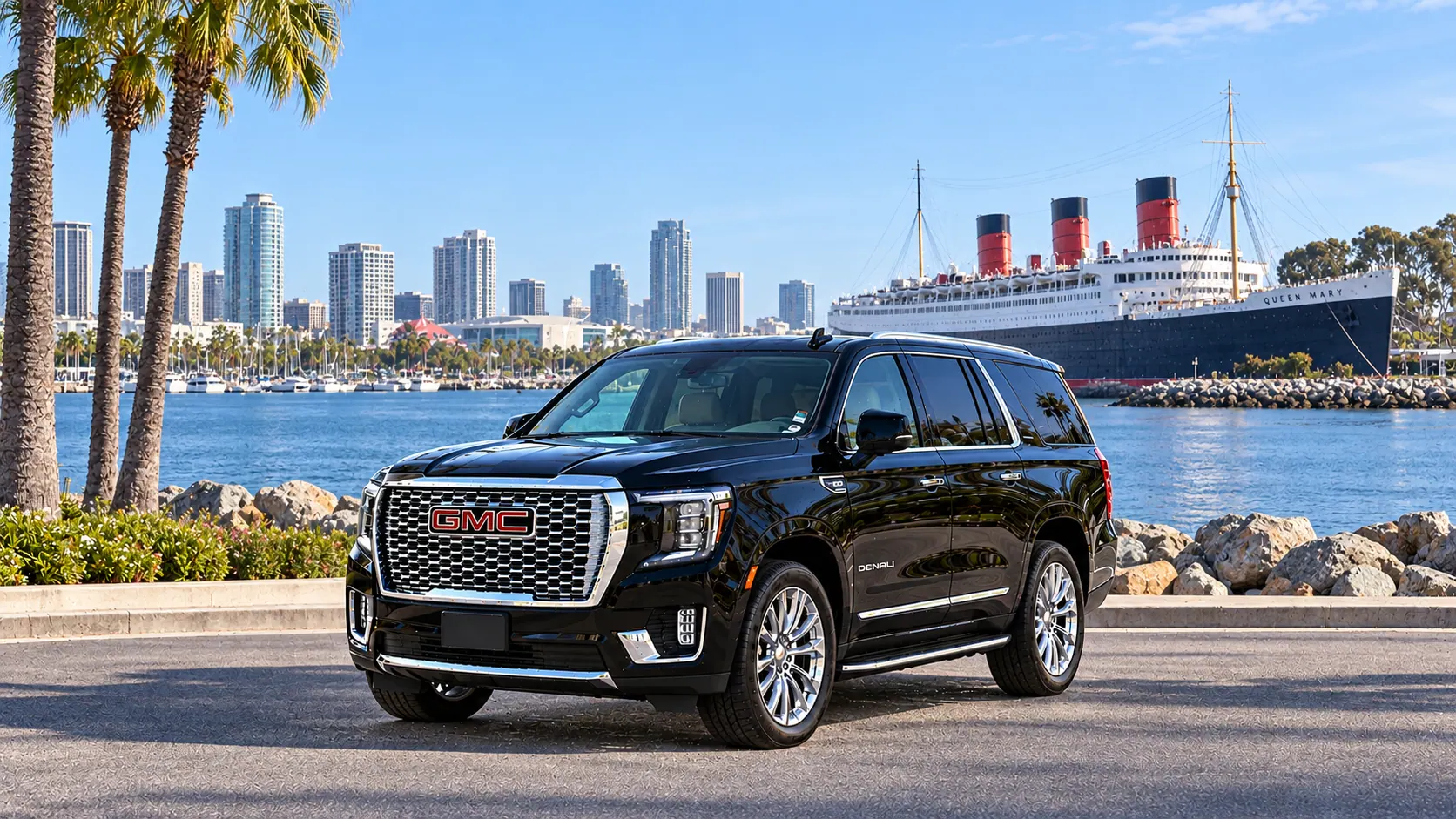 Illustration of a black SUV in a Long Beach destination scene