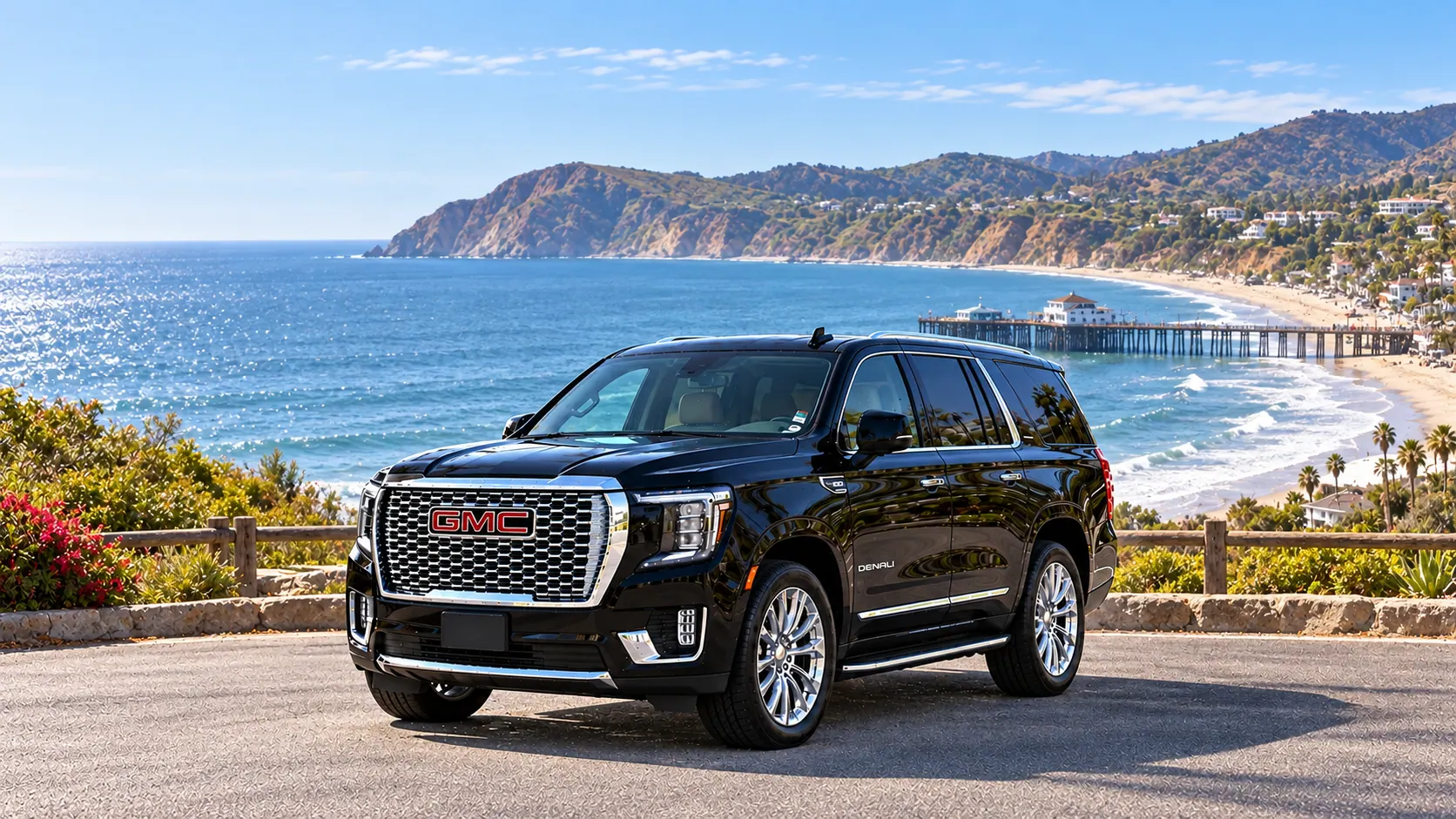 Illustration of a black SUV in a Malibu destination scene