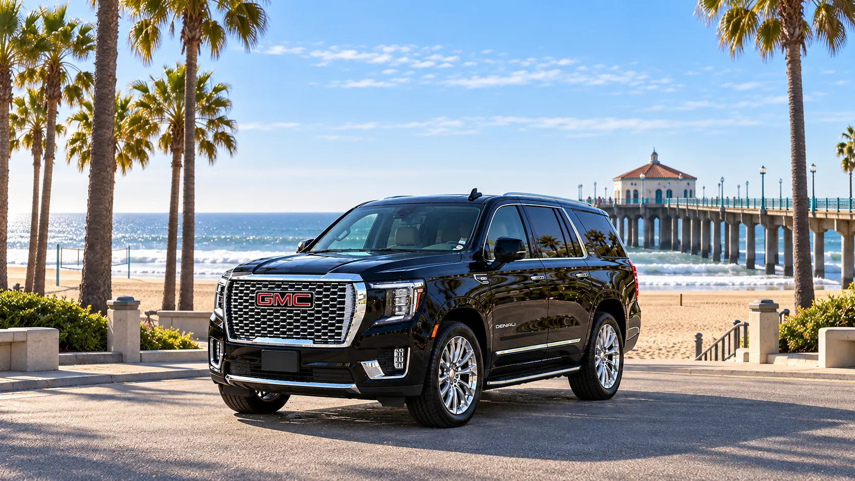 Illustration of a black SUV in a Manhattan Beach destination scene