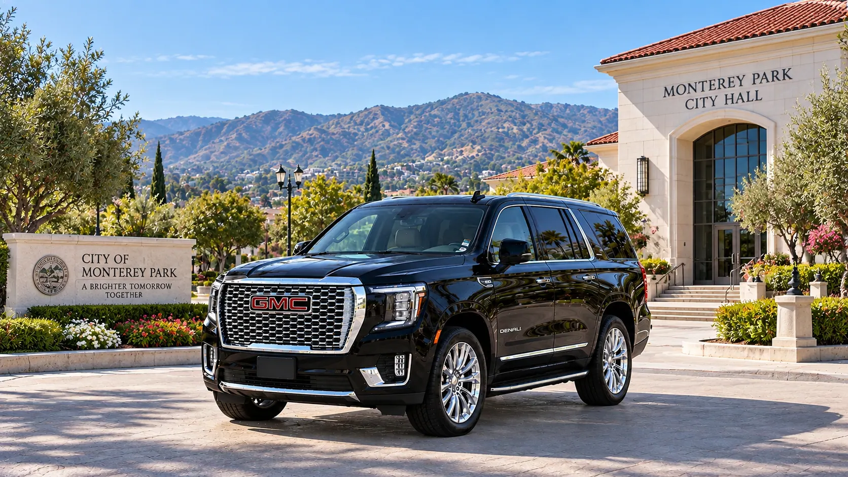 Illustration of a black SUV in a Monterey Park destination scene