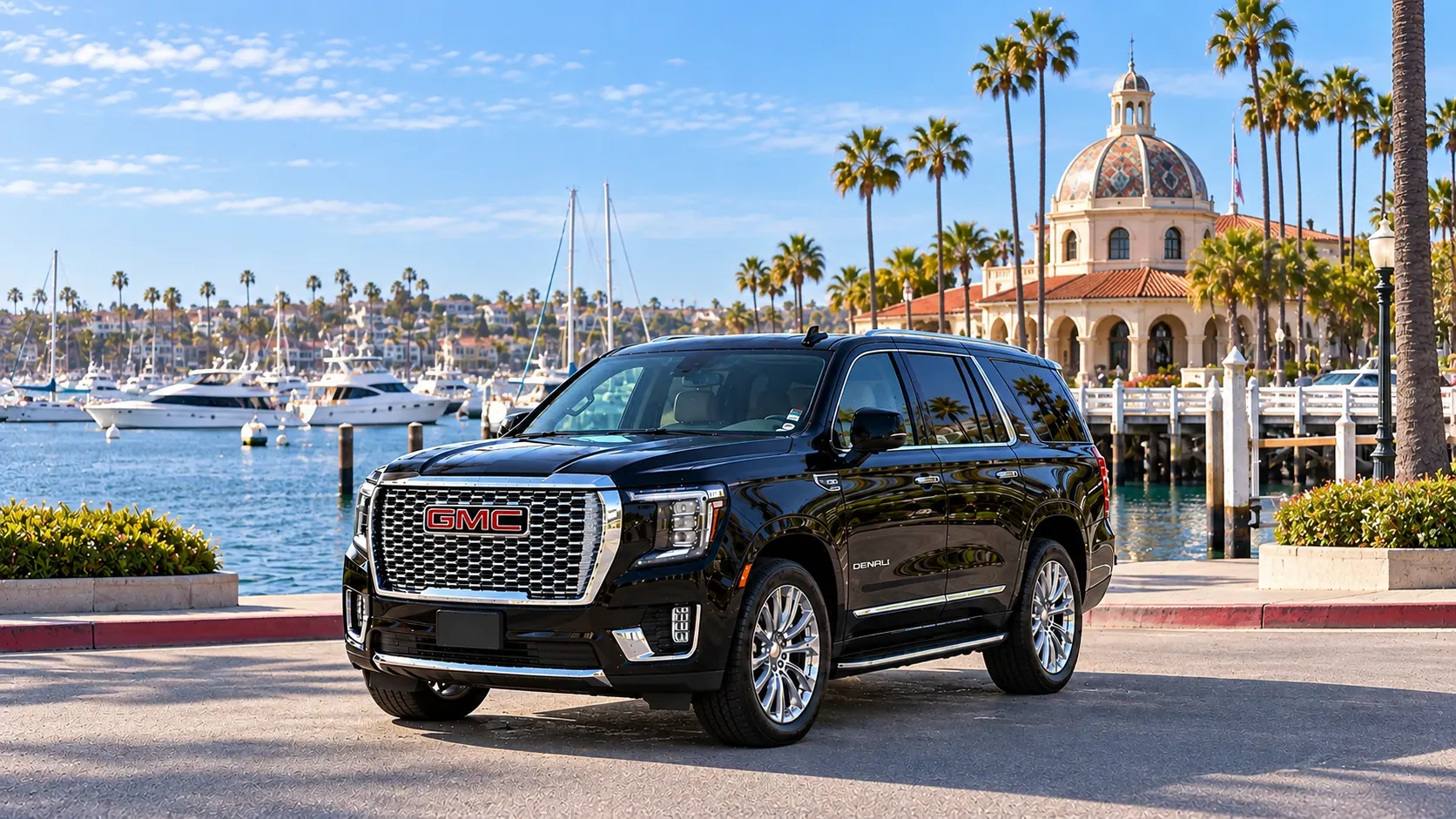 Illustration of a black SUV in a Newport Beach destination scene