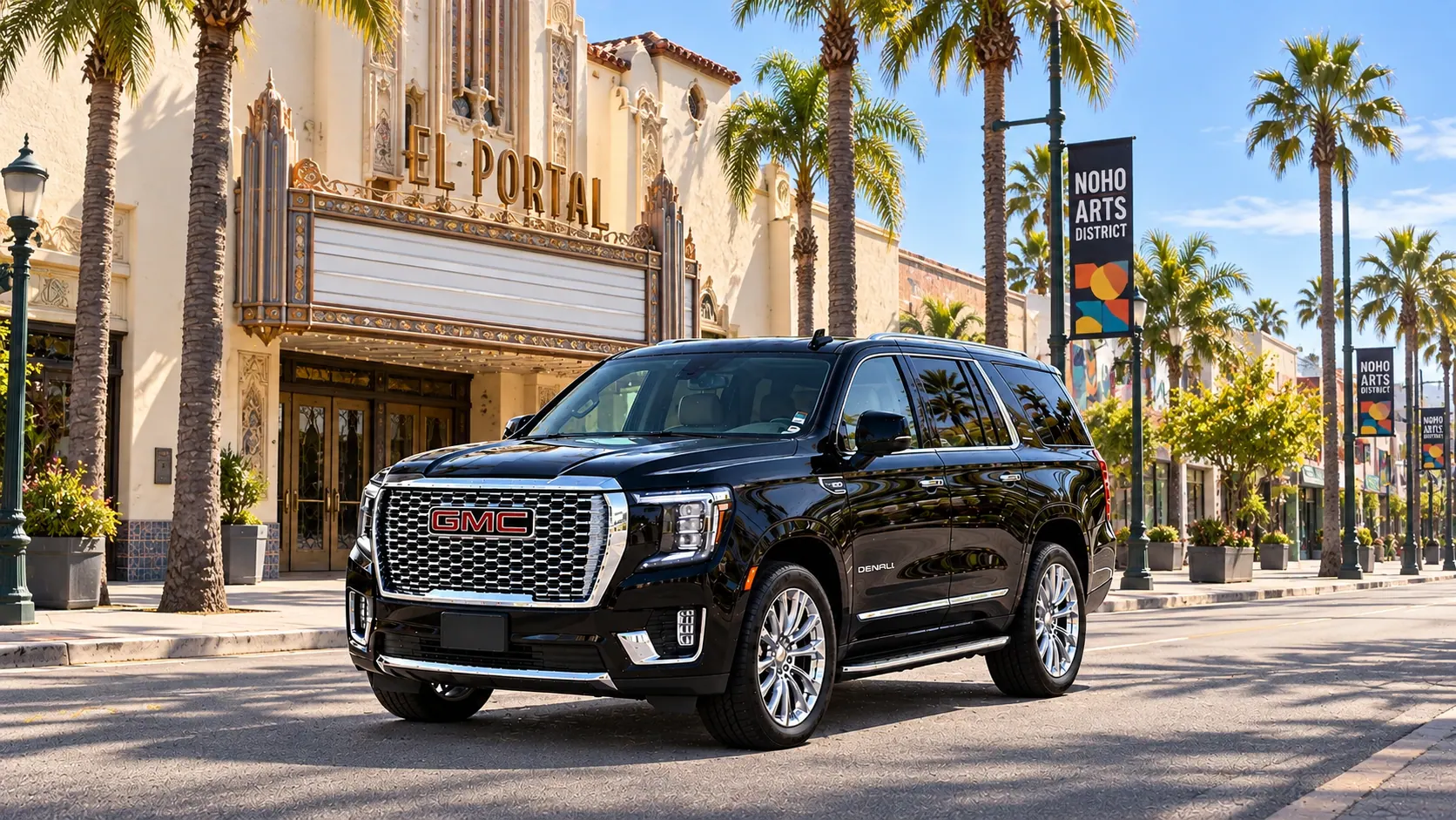 Illustration of a black SUV in a North Hollywood destination scene