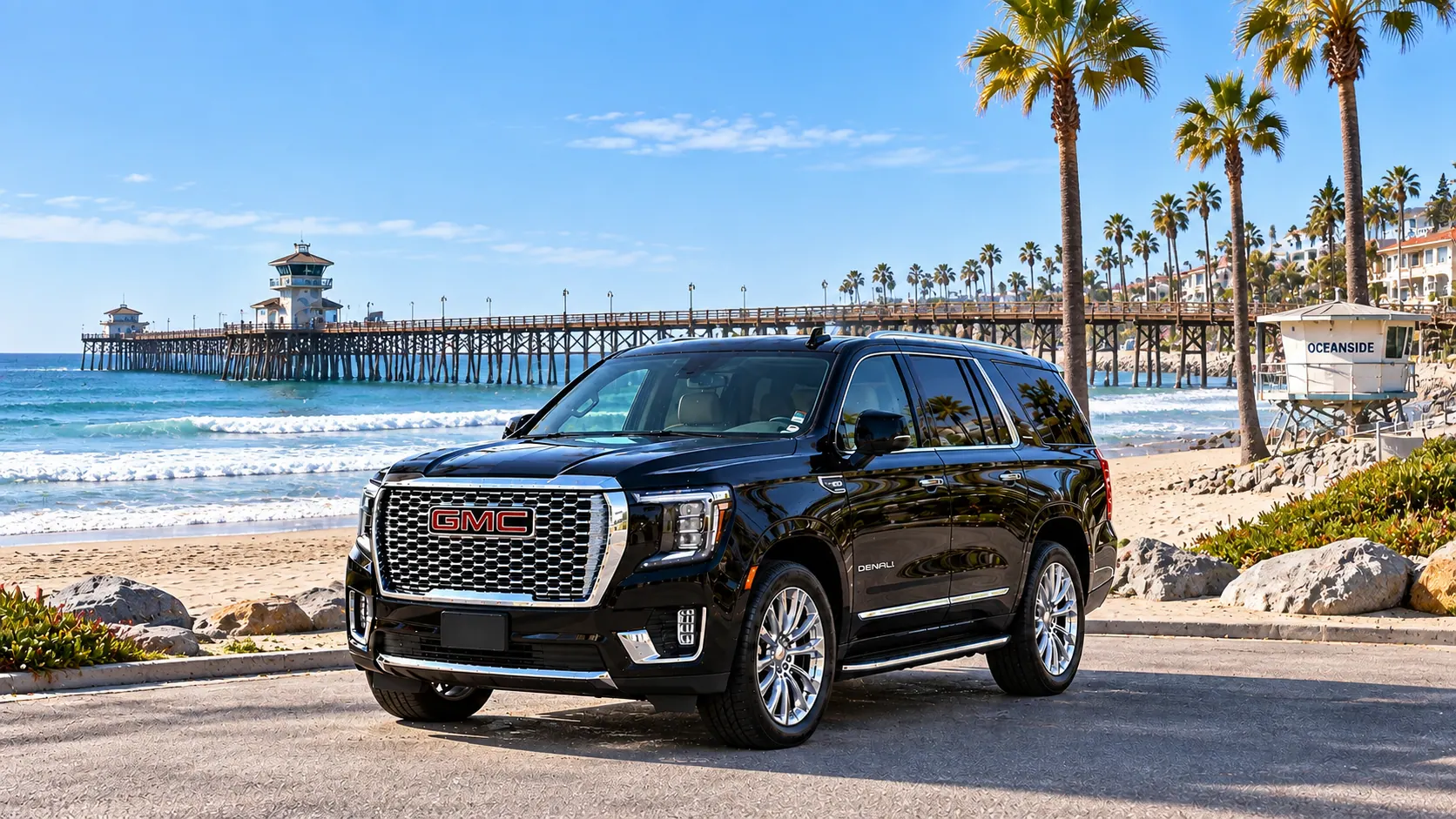 Illustration of a black SUV in a Oceanside destination scene