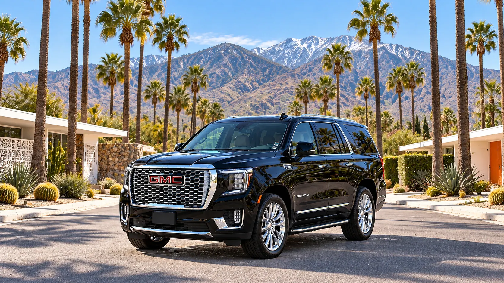 Illustration of a black SUV in a Palm Springs destination scene