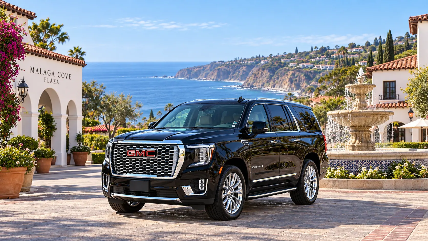 Illustration of a black SUV in a Palos Verdes Estates destination scene