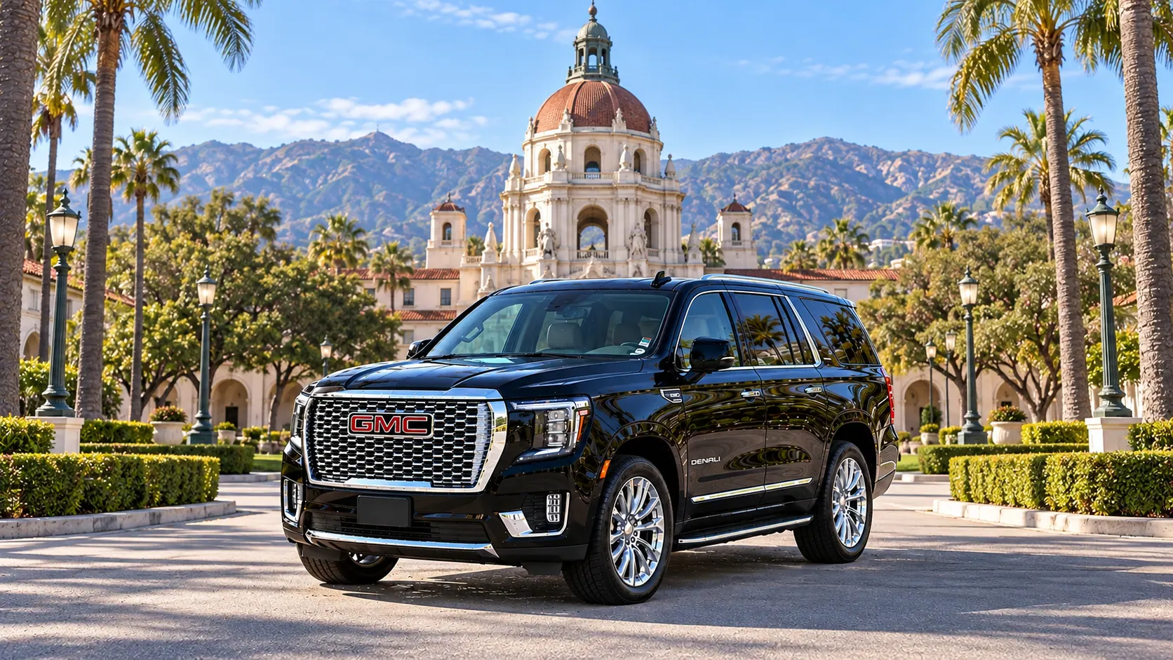 Illustration of a black SUV in a Pasadena destination scene
