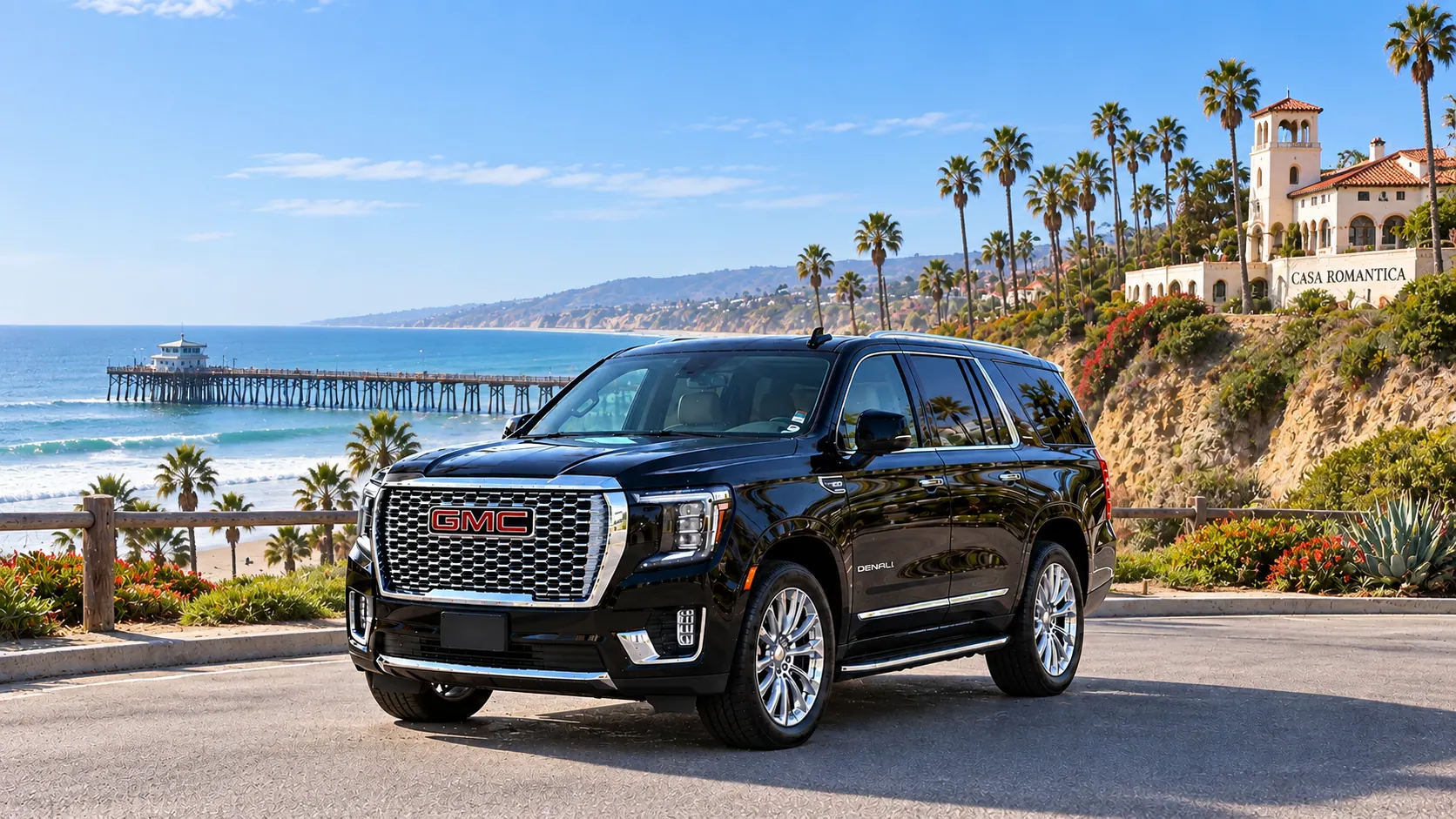 Illustration of a black SUV in a San Clemente destination scene