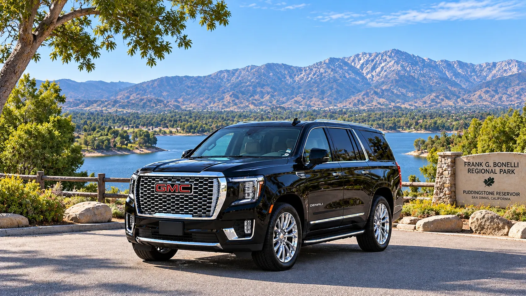 Illustration of a black SUV in a San Dimas destination scene