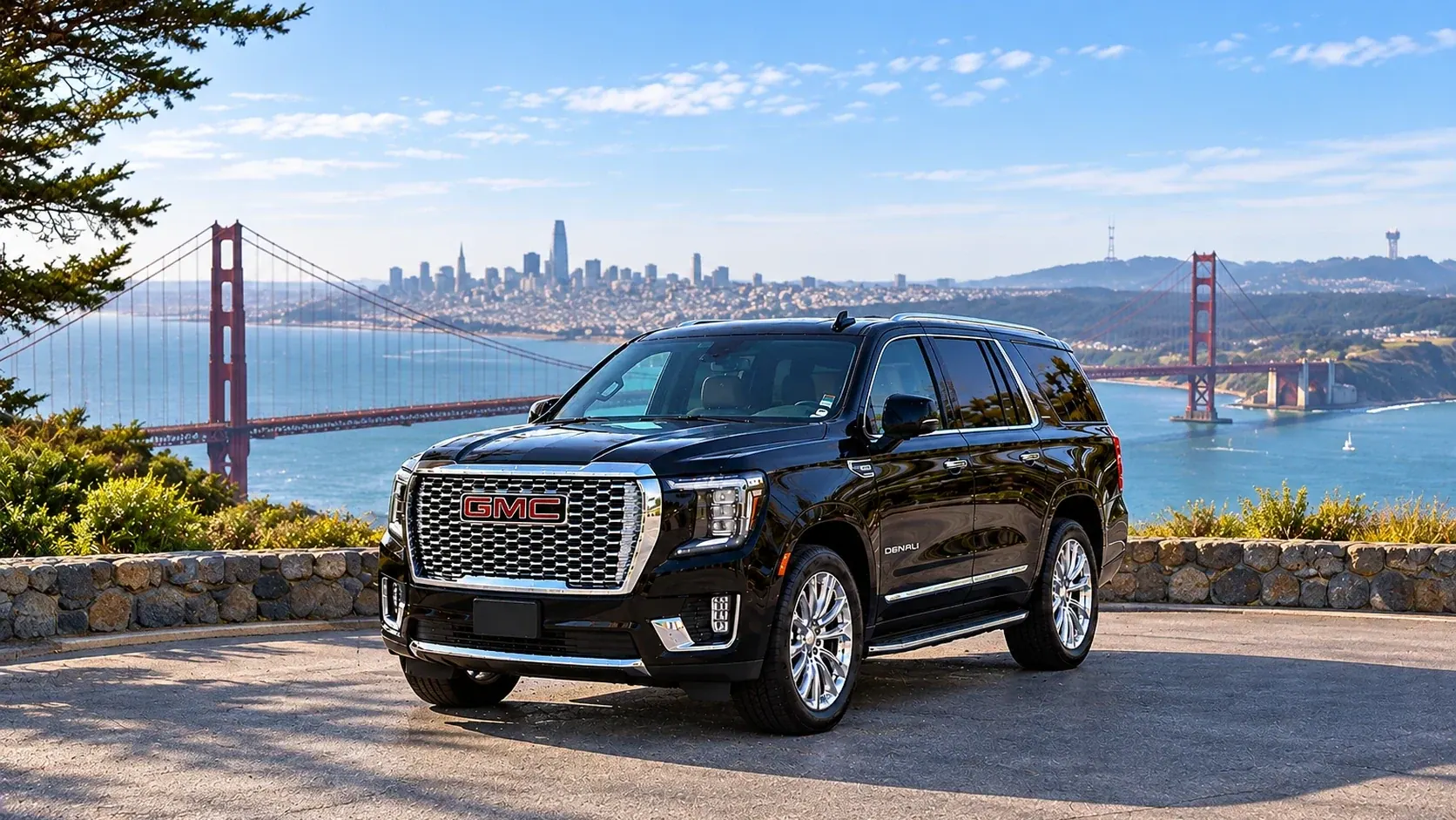 Illustration of a black SUV in a San Francisco destination scene