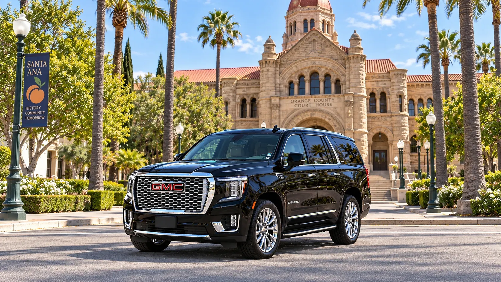 Illustration of a black SUV in a Santa Ana destination scene