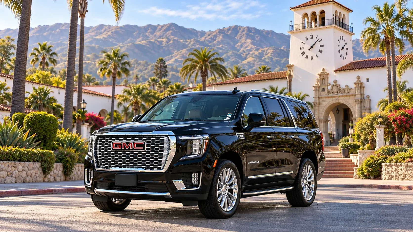 Illustration of a black SUV in a Santa Barbara destination scene