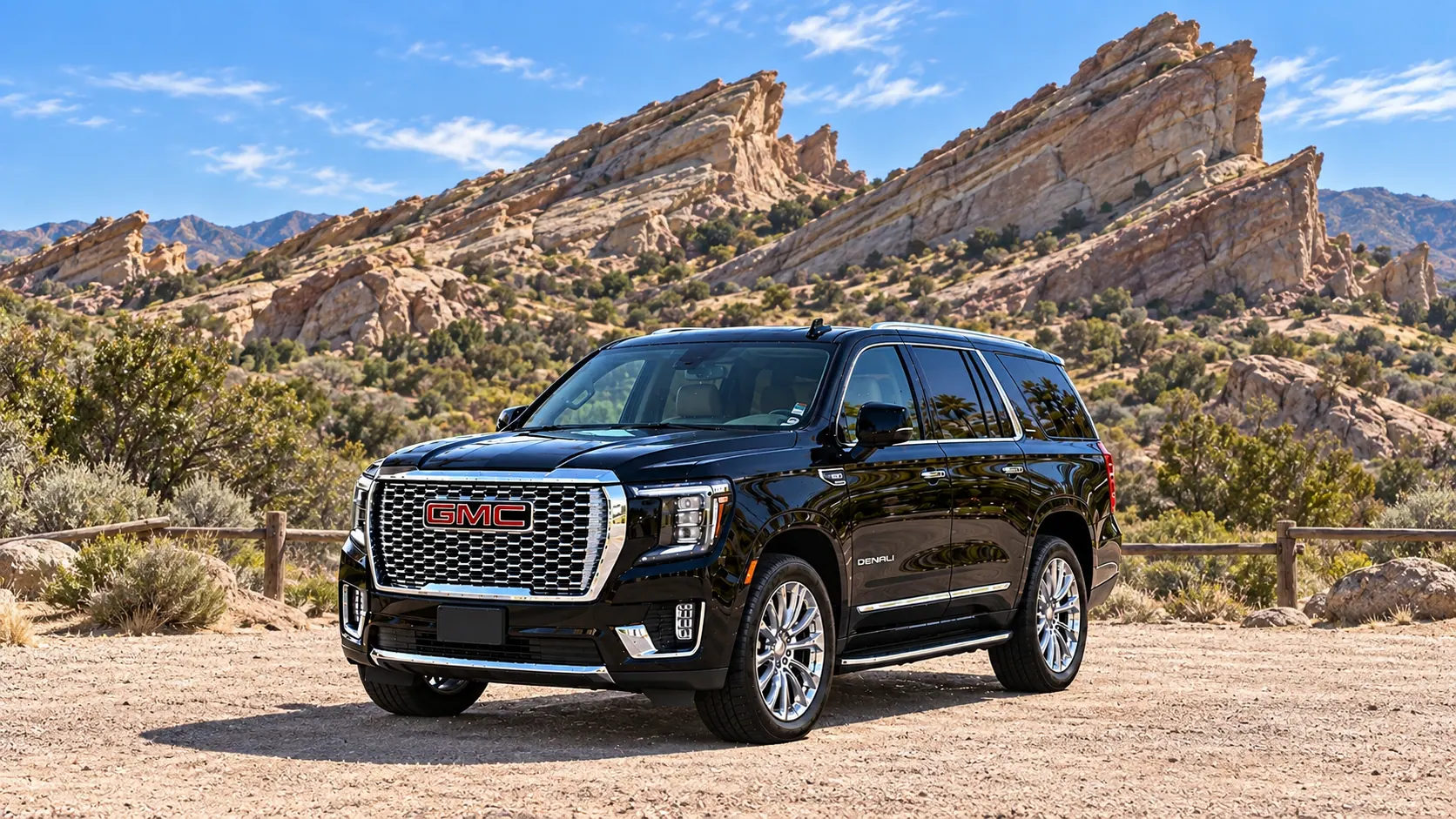 Illustration of a black SUV in a Santa Clarita destination scene