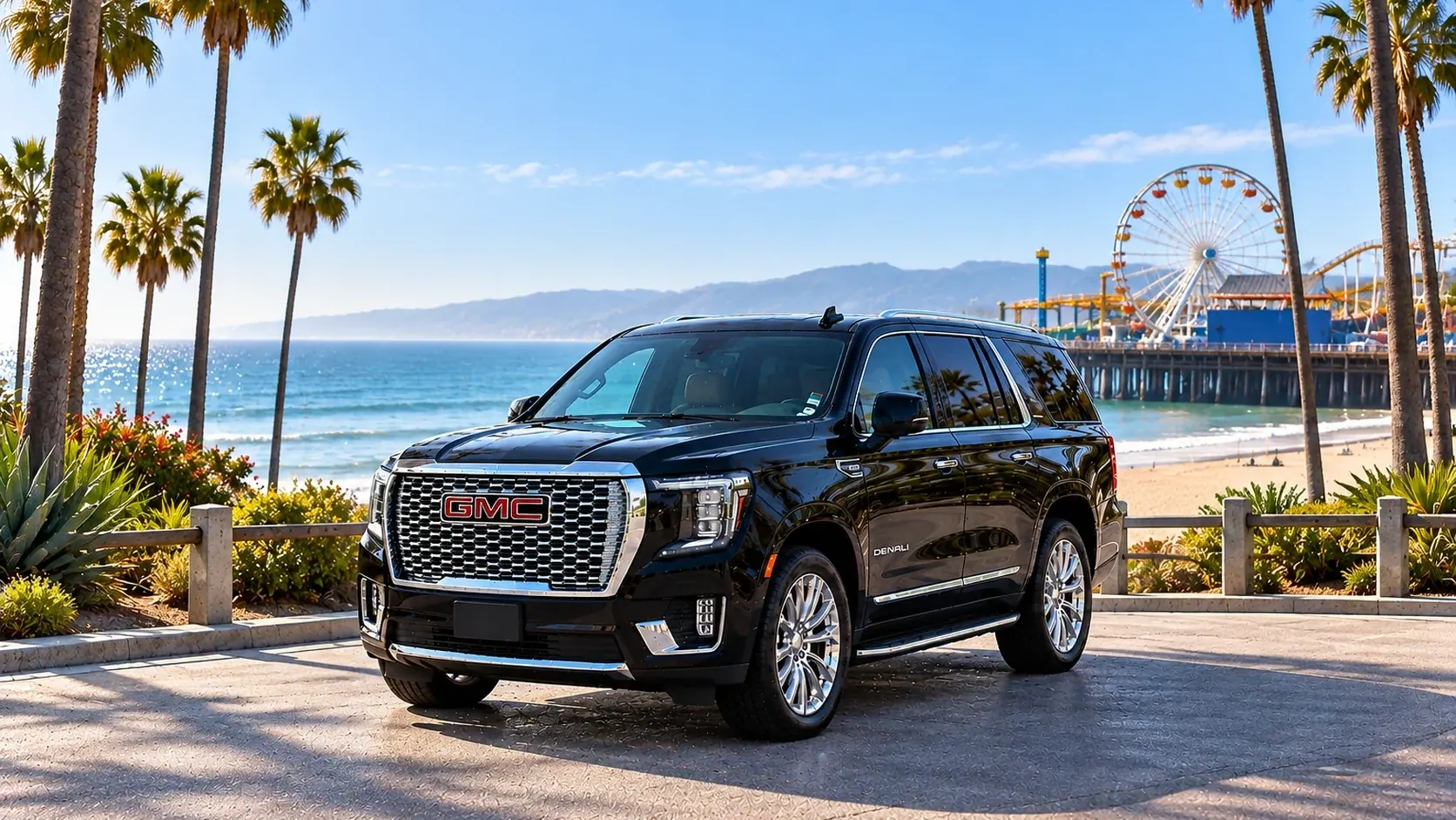 Illustration of a black SUV in a Santa Monica destination scene