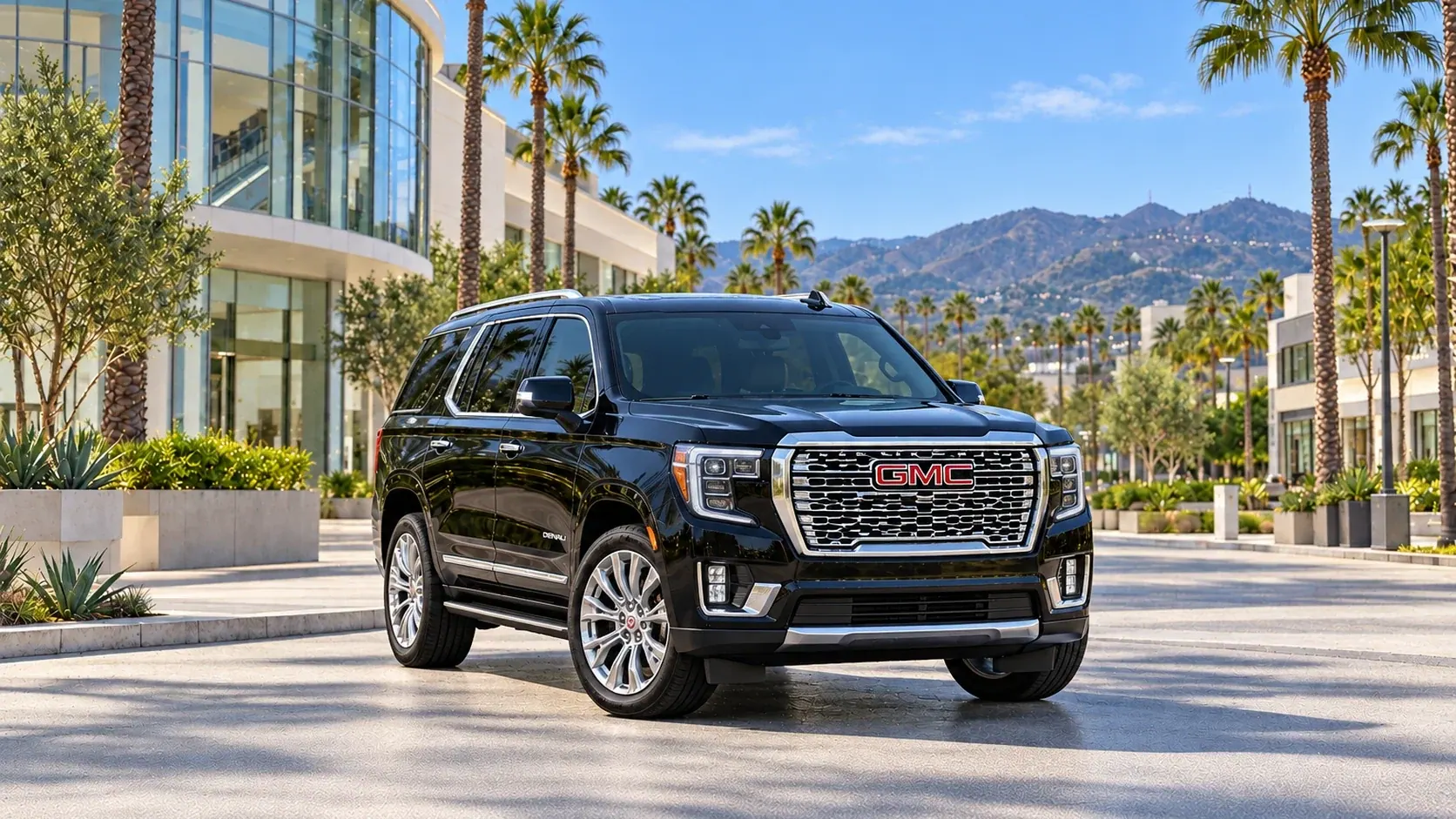 Illustration of a black SUV in a Sherman Oaks destination scene