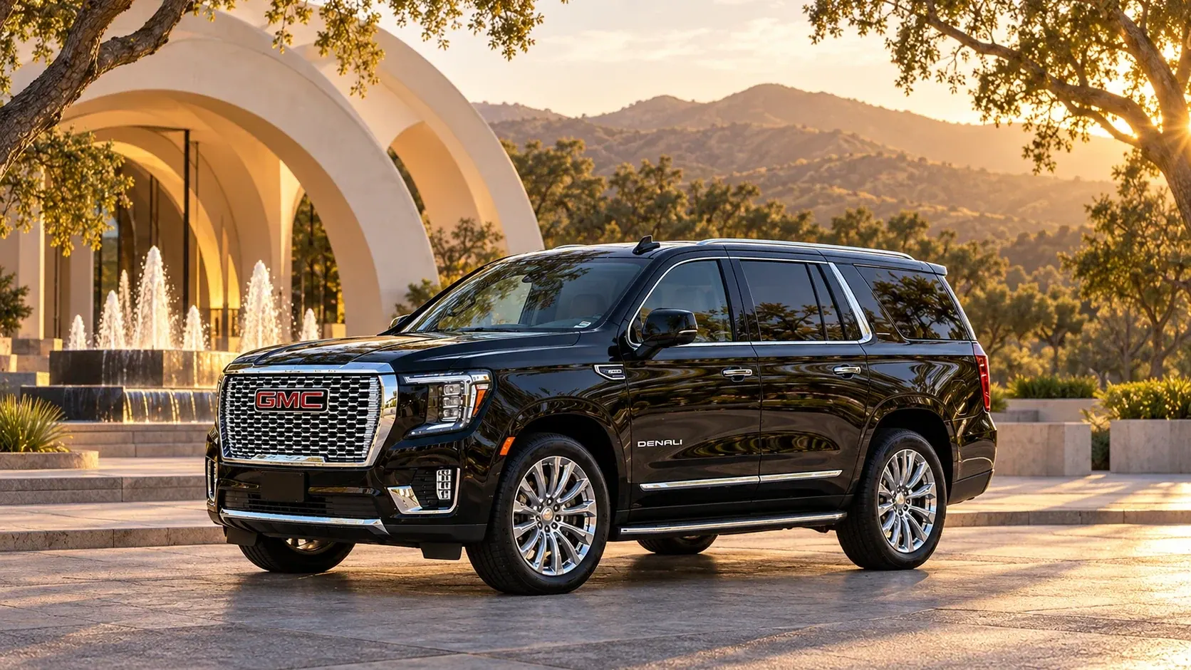 Illustration of a black SUV in a Thousand Oaks destination scene
