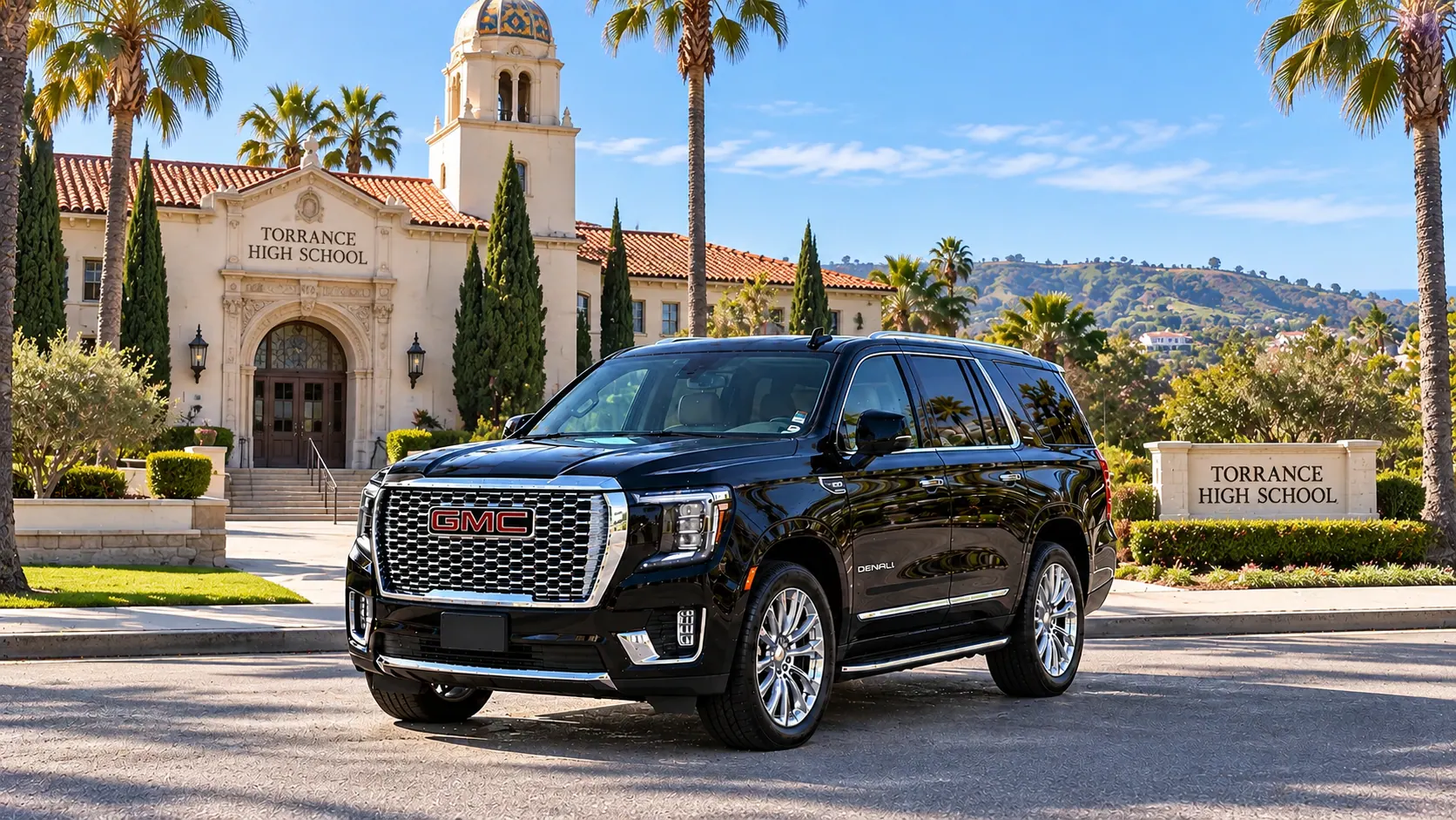 Illustration of a black SUV in a Torrance destination scene