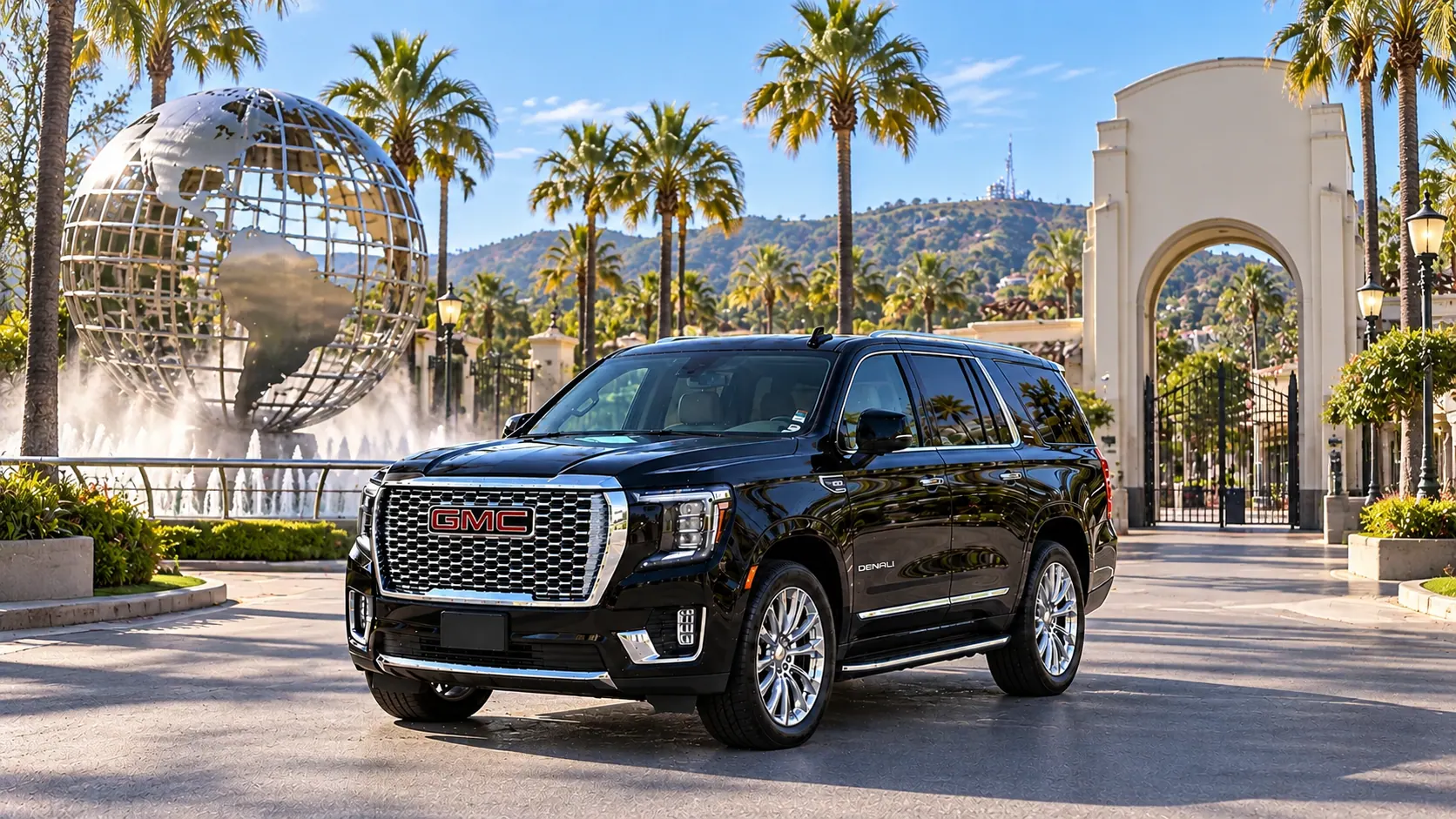 Illustration of a black SUV in a Universal Studios Hollywood destination scene